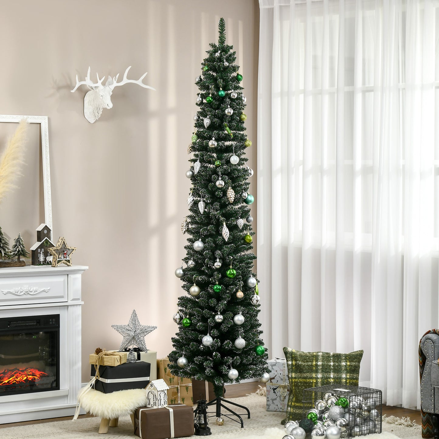 7.5FT Artificial Snow Dipped Christmas Tree Xmas Pencil Tree Holiday Home Indoor Decoration with Foldable Black Stand, G