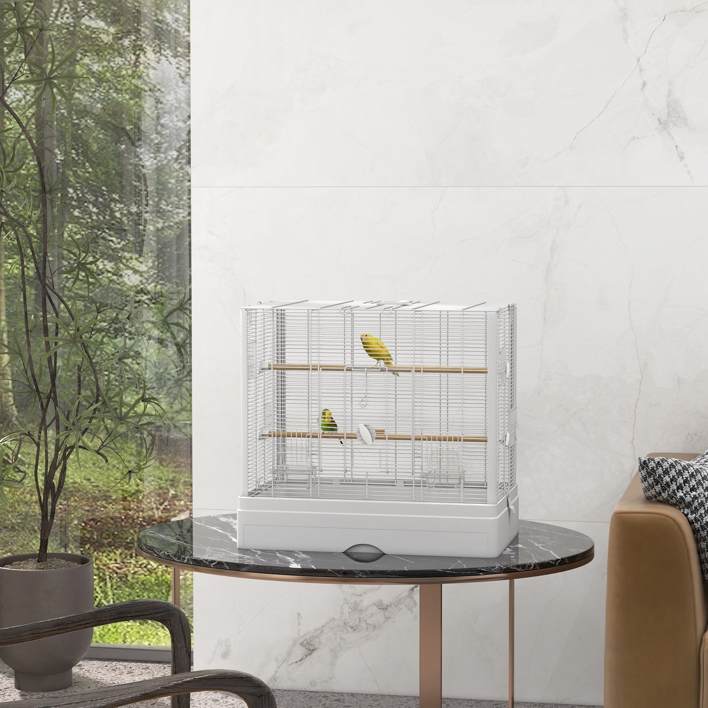 22" Bird Cage for Budgie Finches Canaries Love Birds with Wooden Stands, Slide-Out Tray, Handles, Food Containers, White