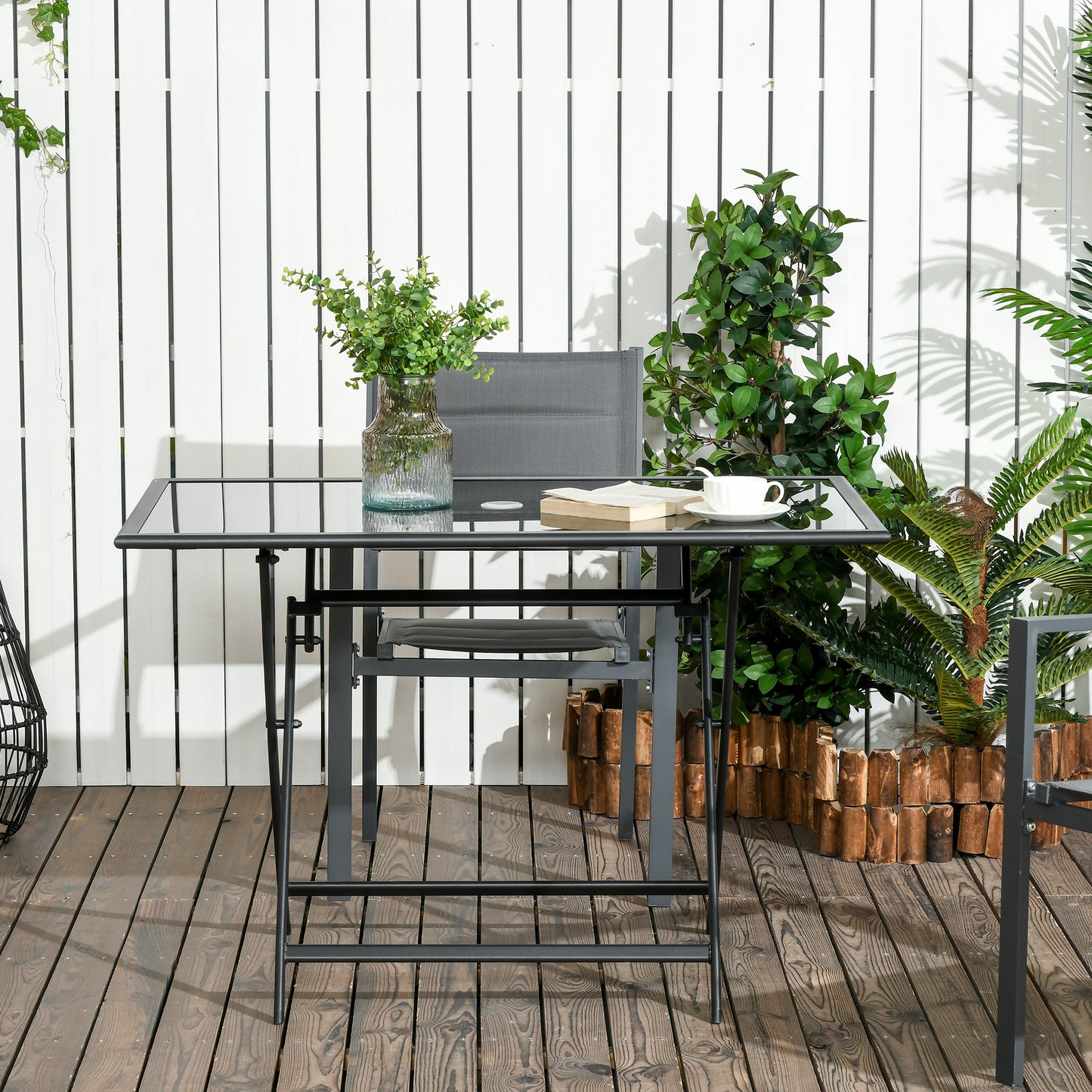 Foldable Outdoor Dining Table with Umbrella Hole, Patio Table for 6 with Glass Top Table, Metal Frame for Garden Lawn Ba