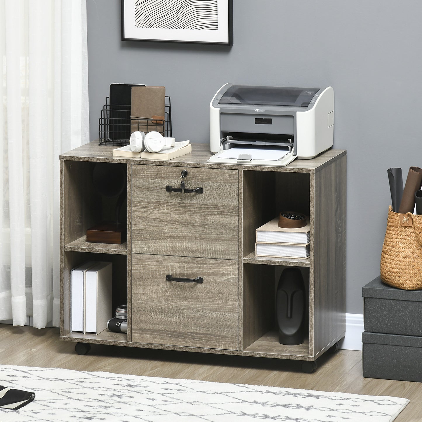 Lateral Filing Cabinet with Wheels and Lockable Drawer, File Cabinet, Mobile Printer Stand with Open Shelves for Letter