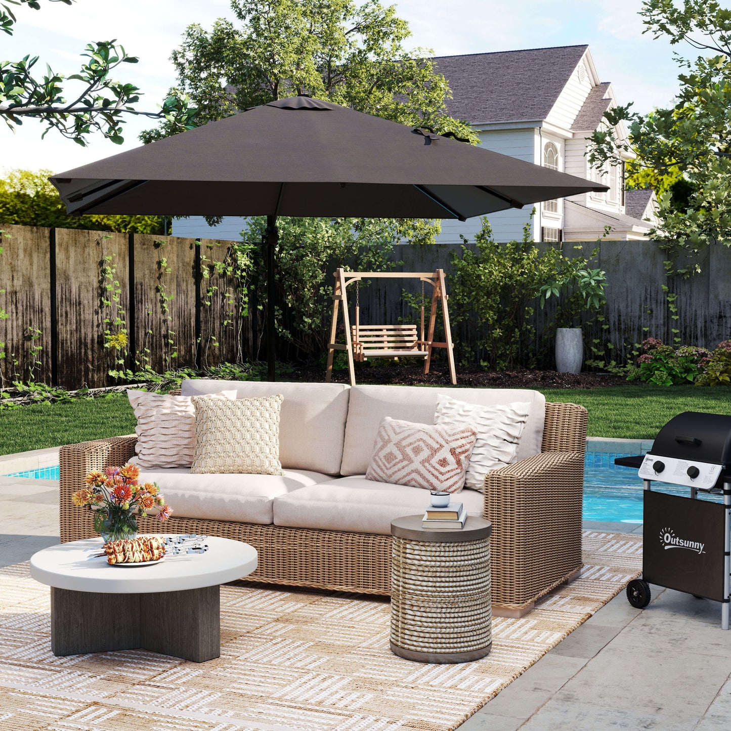 8' x 8' Square Patio Hanging Offset Umbrella with 360° Rotation, Aluminum Outdoor Cantilever Parasol with Crank & Tilt,