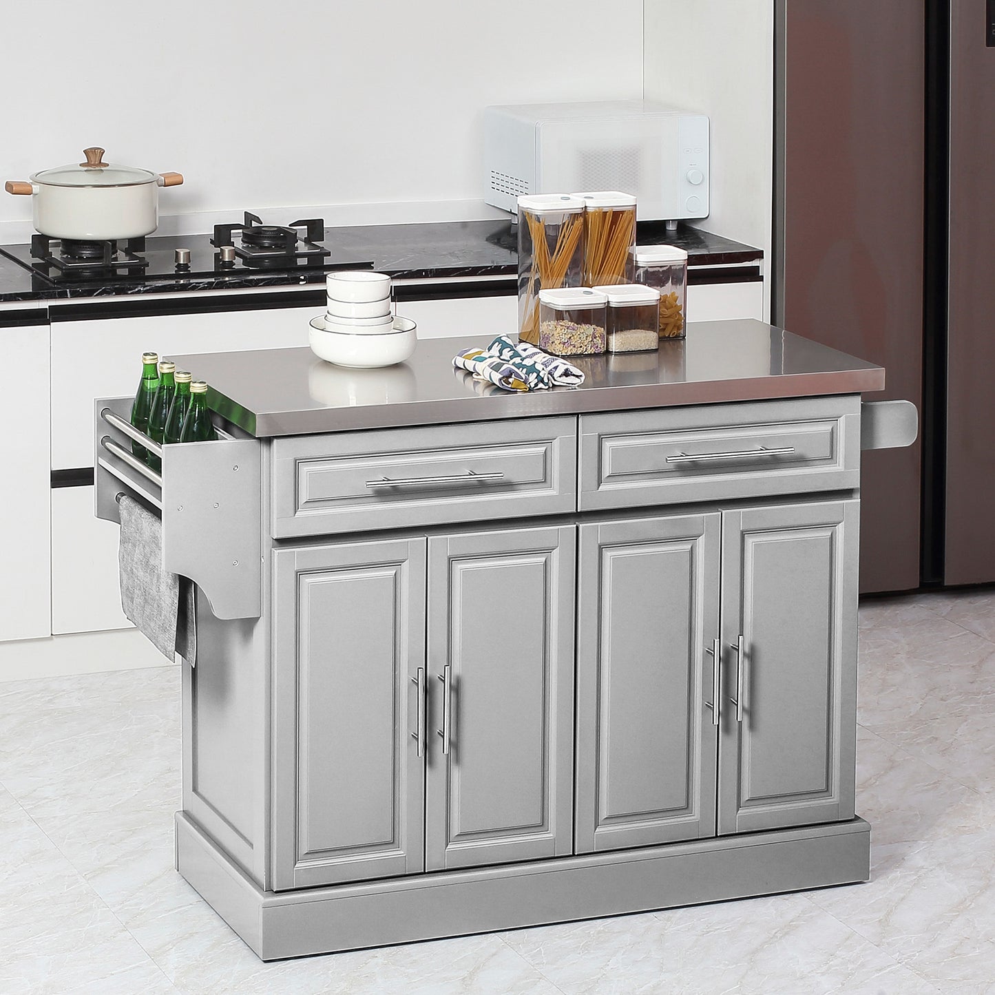 Stainless Steel Kitchen Island with Storage and Stainless Steel Top, Kitchen Trolley with Drawers, Cabinets, Towel Rack,