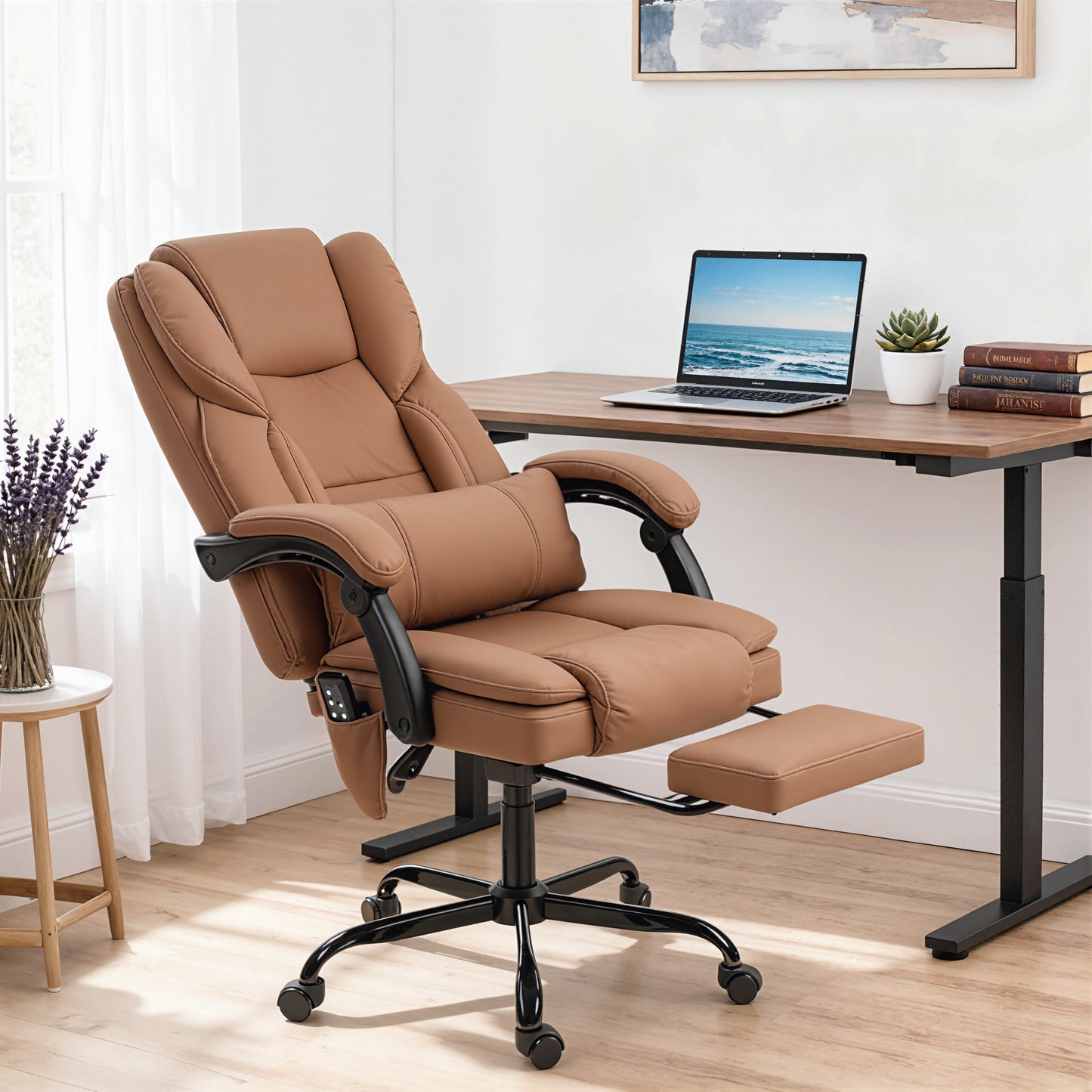 Office Chair with Massage, Pet-Friendly Faux Leather Reclining Desk Chair with Lumbar Support, Footrest, Brown