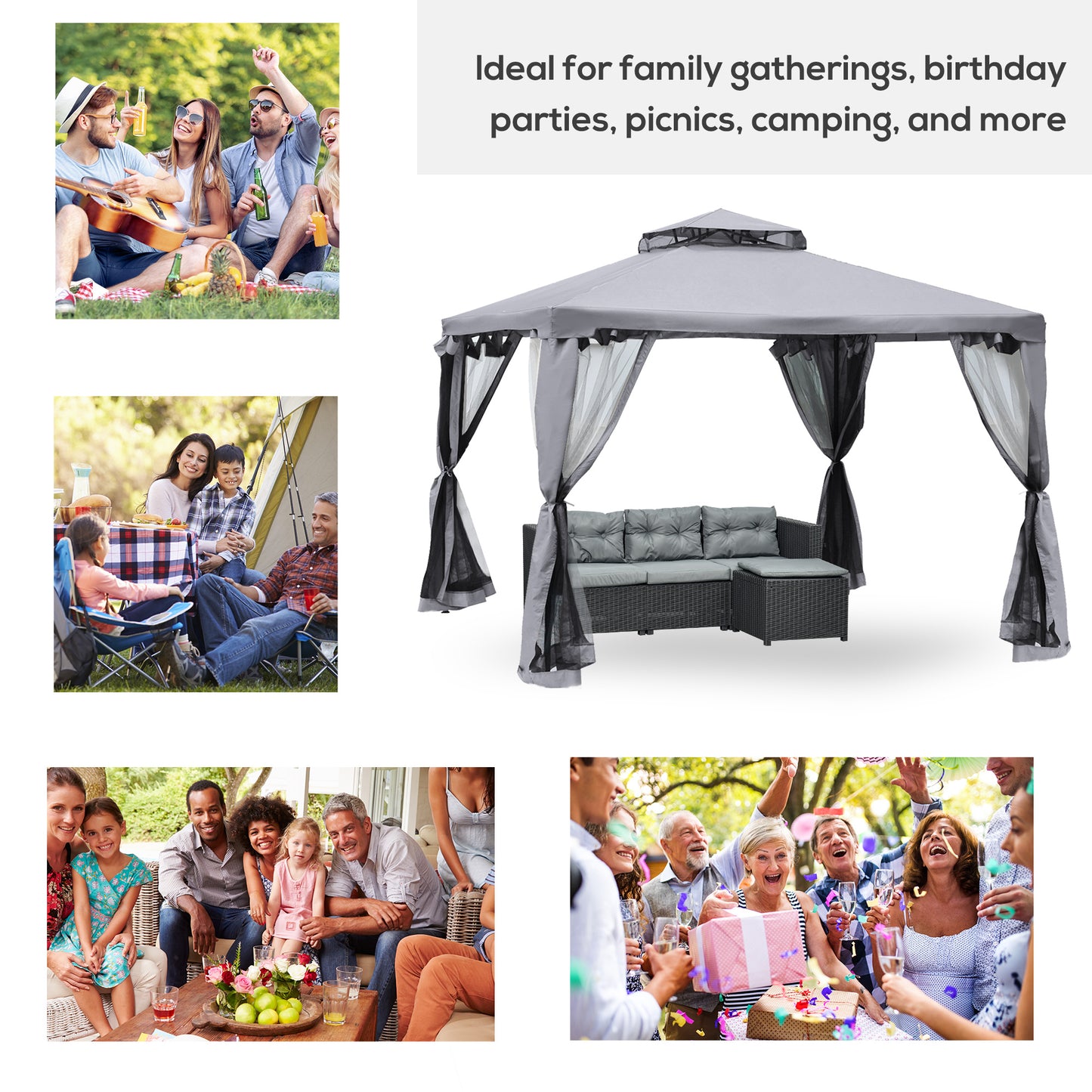 10' x 10' Patio Gazebo Pavilion, 2-Tier Roof Canopy Outdoor Event Tent with Steel Frame and Mosquito Netting for Garden,