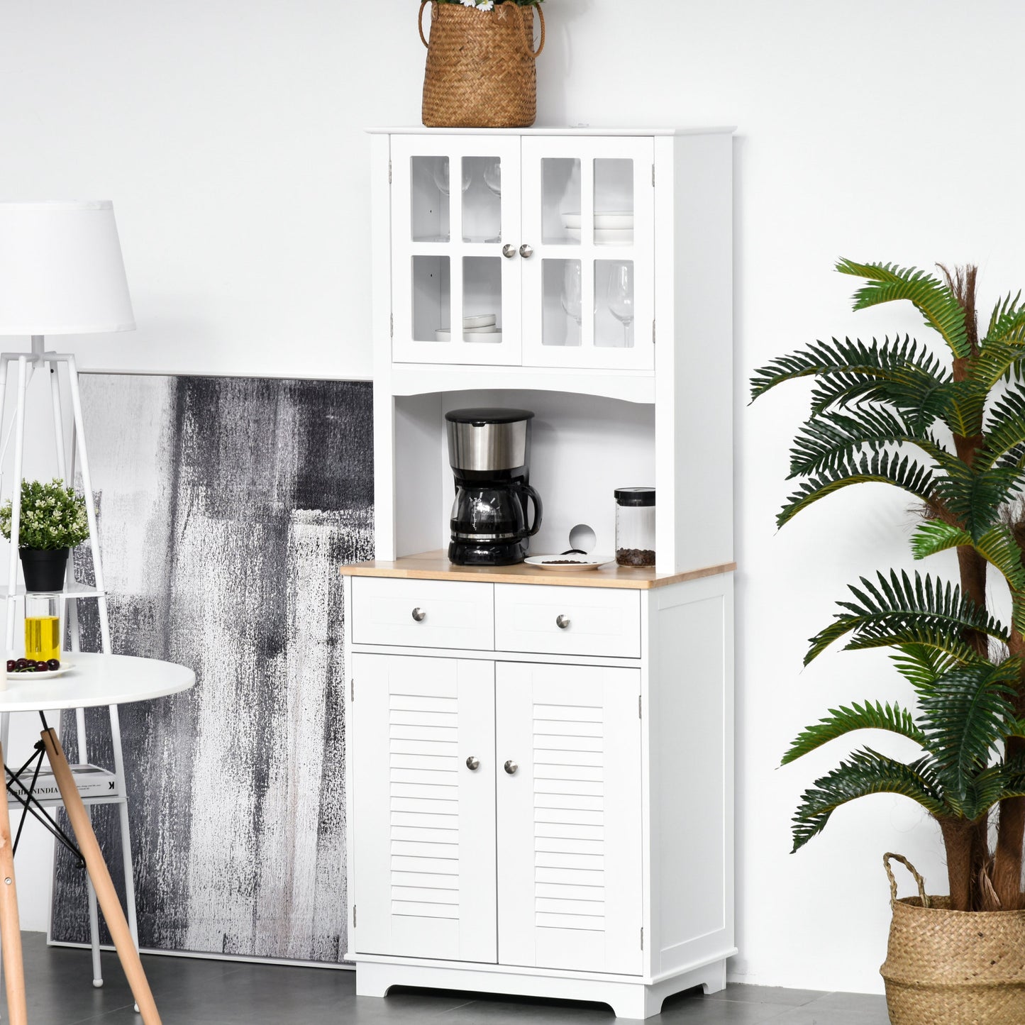 Coastal Style Kitchen Buffet and Hutch Wooden Storage Cupboard with Framed Glass Door LouveredCabinet Drawers Microwave
