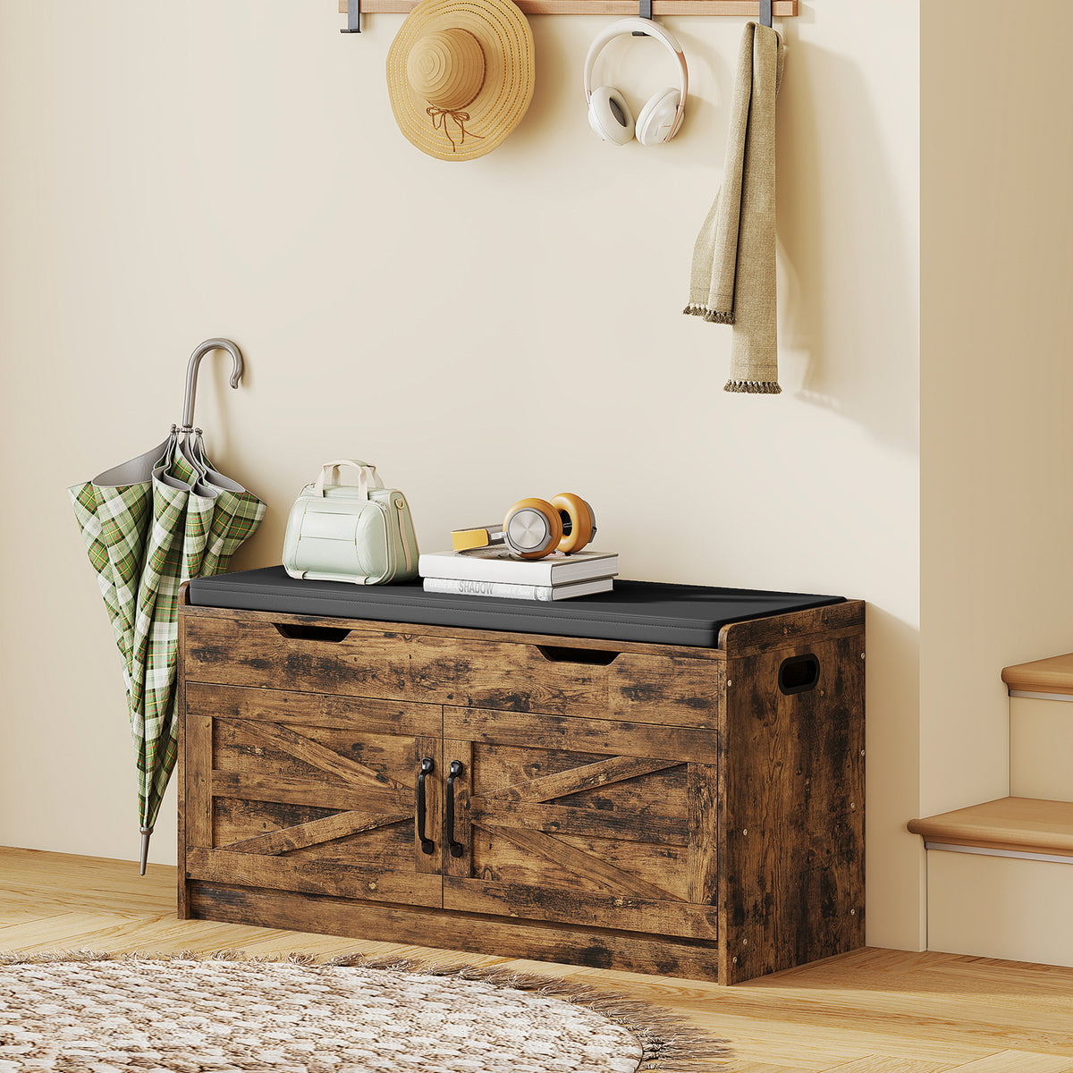 Shoe Storage Bench, Entryway Bench with 2-Tier Cabinet, Flip-Top Storage, Padded Cushion for Hallway, Rustic Brown