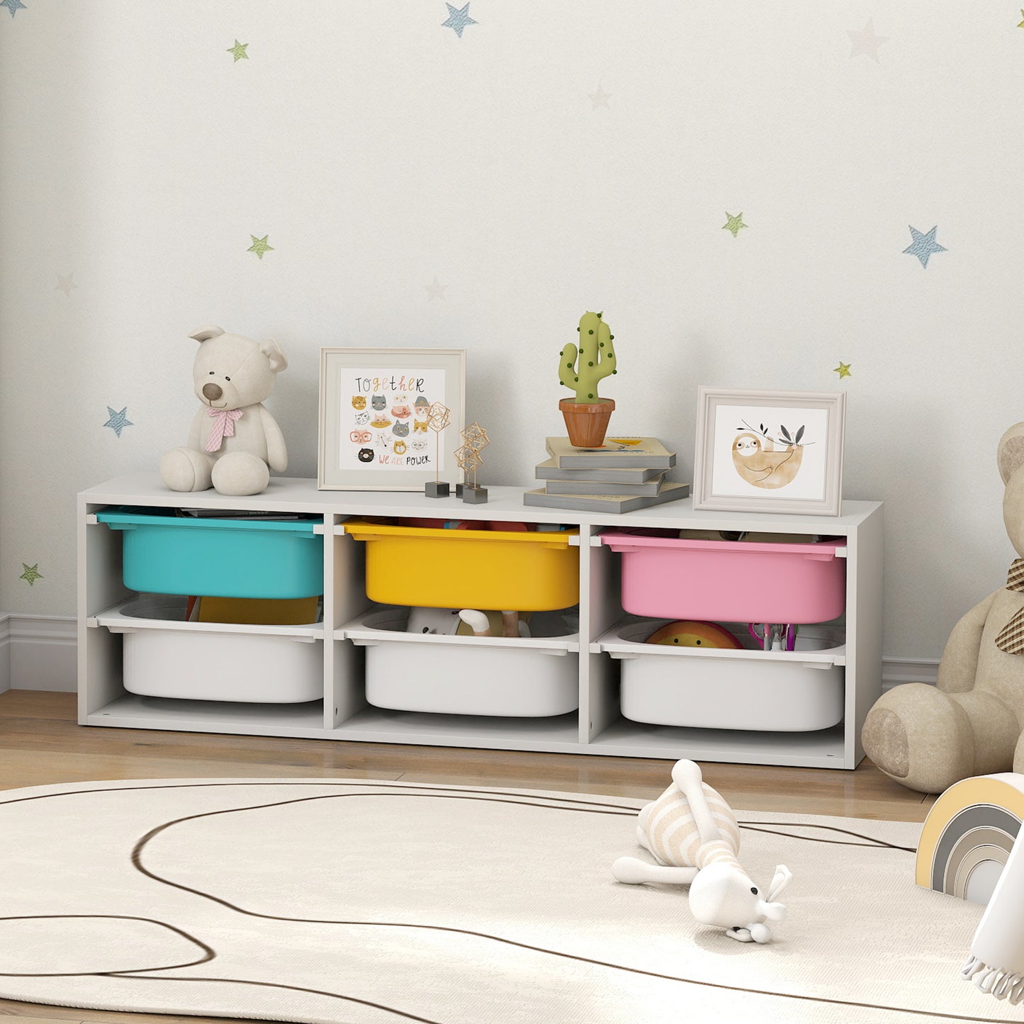 Qaba Kids Toy Storage Organizer with 6 Removable Plastic Bins for Toddlers, Toy Box for Bedroom, Nursery, Playroom