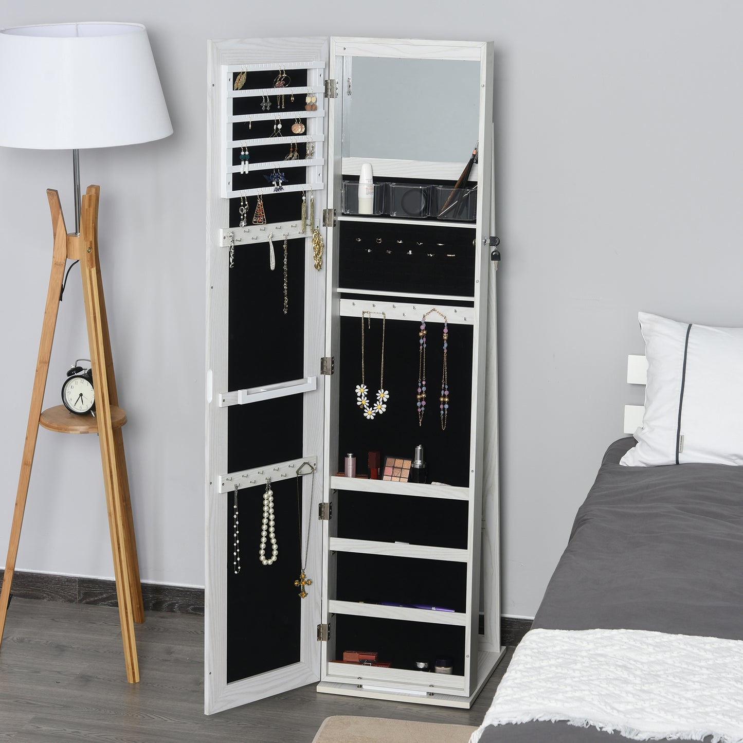Mirror Jewelry Cabinet Armoire, Lockable Jewelry Organizer with Full-Length Mirror, LED Lights, Standing Jewelry Armoire