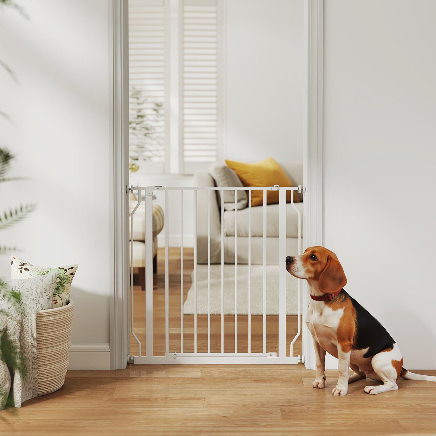 30"- 34" Easy Install Pet Gate w/ Door & Double Locking System, Extra Wide Dog Gate for Stairs, Hallways, White