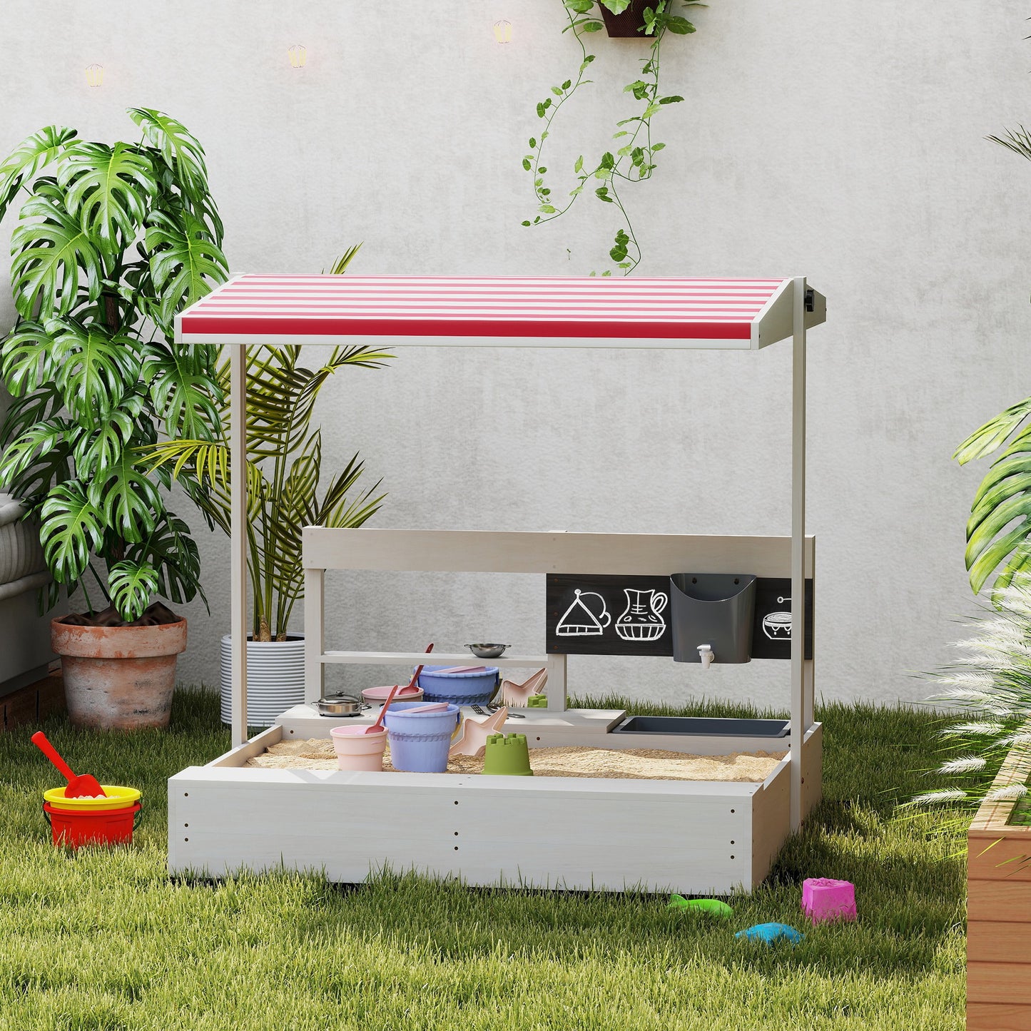 Kids Sandbox with Cover Kitchen Playset Toys, Wooden Sand Box with Seat, Storage, for 3-7 Years Old, Grey
