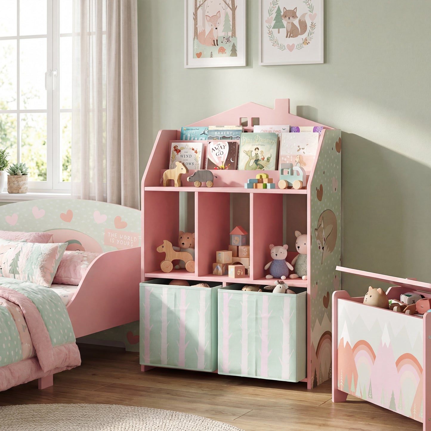 Qaba Kids Bookshelf with Storage, Toy Storage Unit with Book Display, Shelves and Fabric Drawers for Playroom Nursery, P
