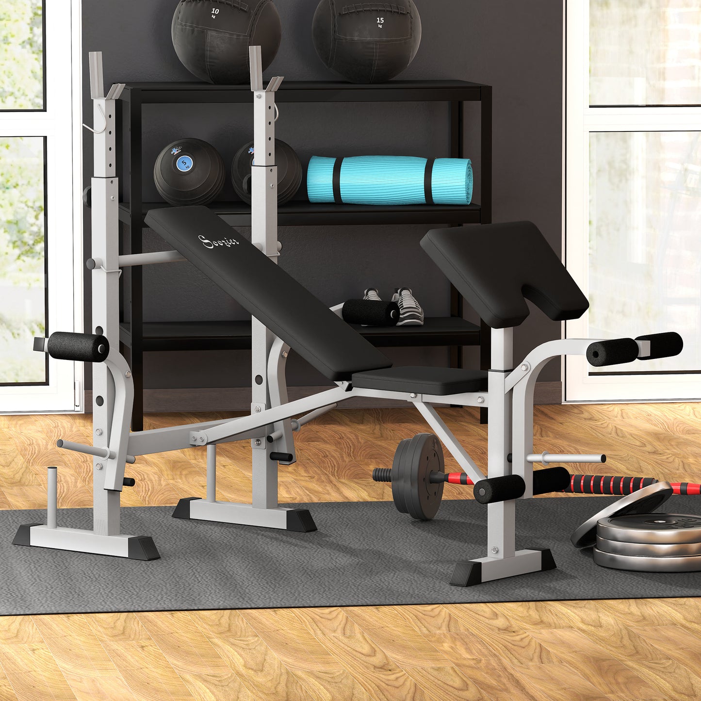 Soozier Bench Press Set Adjustable Weight Bench with Squat Rack, Preacher Curl Pad, Leg Developer and Weight Storage, Gr