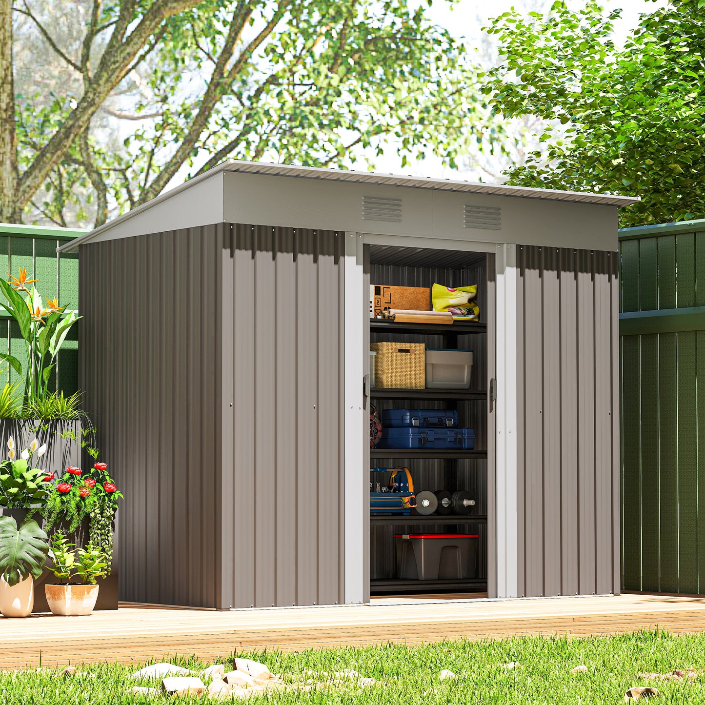 7' x 4' Outdoor Storage Shed, Metal Garden Tool Storage House Organizer with Lockable Sliding Doors and Vents for Backya