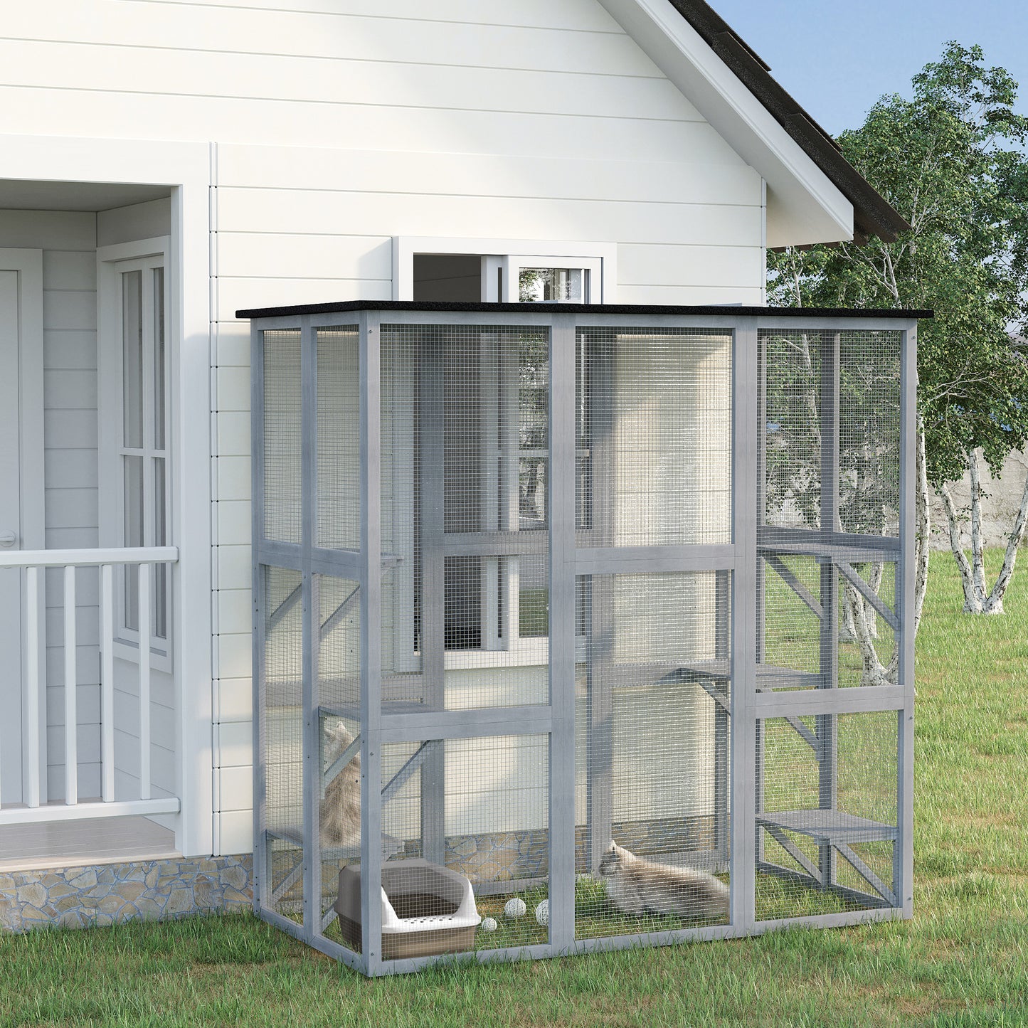 Large Outdoor Catio Enclosure, Weatherproof Cat House with Asphalt Roof, Wooden Cat Patio Cage with 6 Balanced Platform