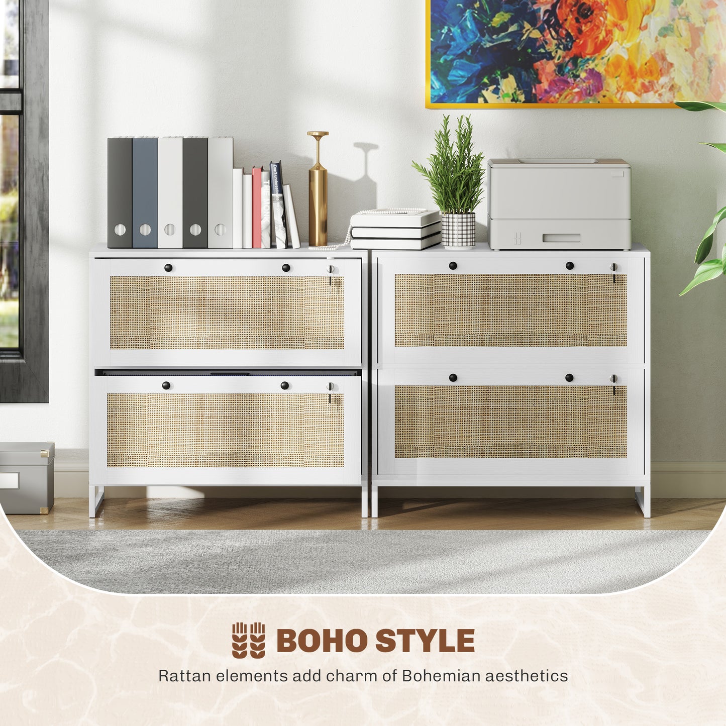 2-Drawer Filing Cabinet with Lock, Rattan File Cabinet with Adjustable Hanging Bar, White