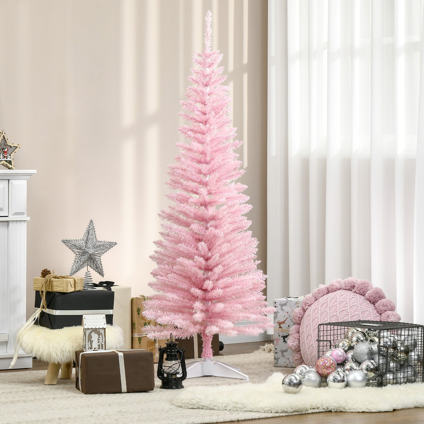 5FT Artificial Christmas Tree, Pencil Christmas Tree with Realistic Branches, Stable Stand, Pink