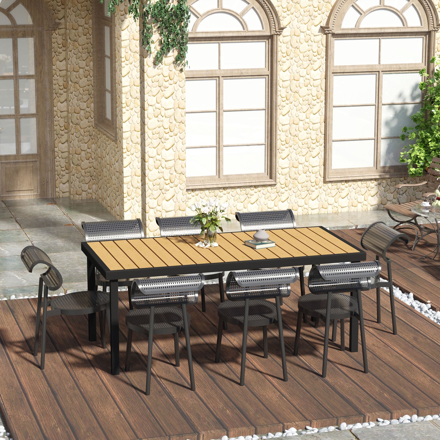 75" x 35" Outdoor Dining Table for 8 People, Rectangular Aluminum Frame Garden Table with All-Weather Faux Wood Top for