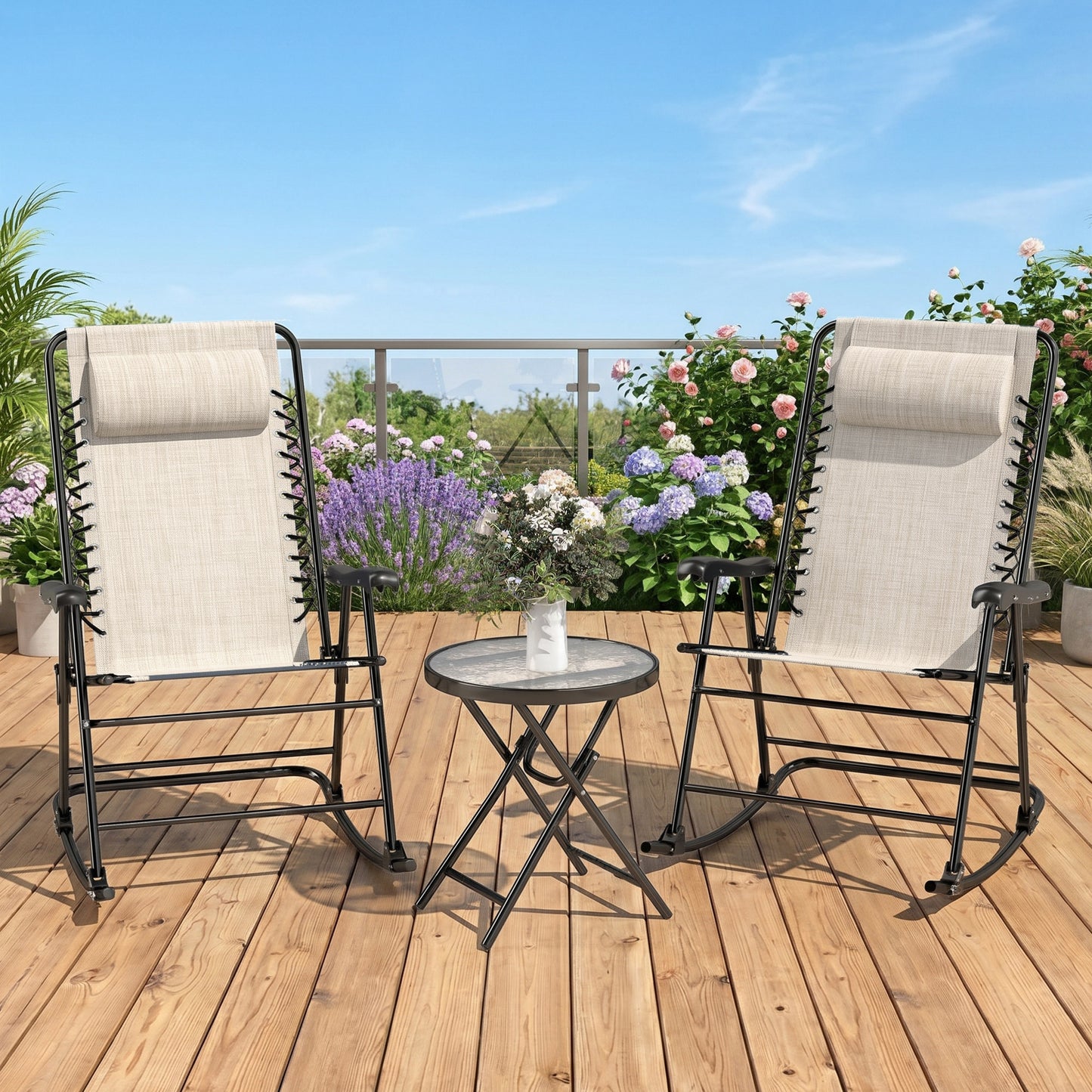 3pc Patio Rocking Chair Set, Folding Outdoor Rocking Chairs and Table Bistro Set w/ Breathable Mesh Seat & Backrest, Hea