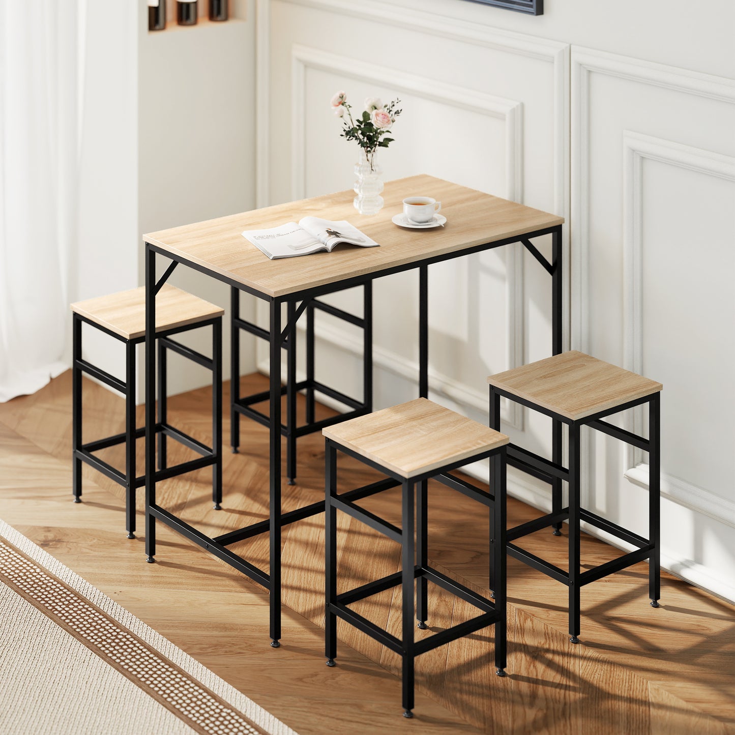5 Pieces Industrial Rectangular Bar Table Set, Dining Table Set Breakfast Table with 4 Stools for Dining Room, Kitchen,