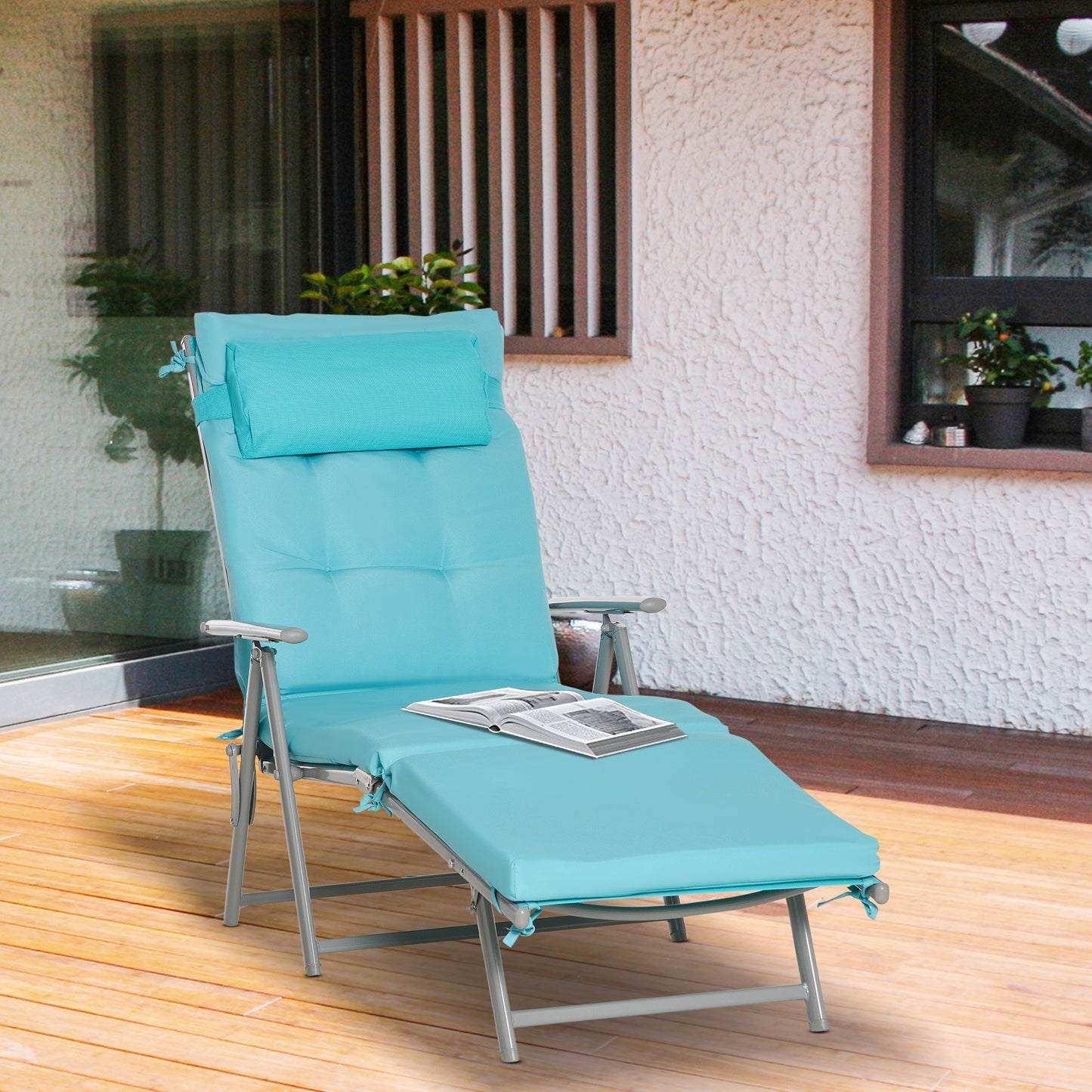 Lounge Chair Outdoor, Folding Patio Chaise Lounger, 360 lbs 7-Position Adjustable Back Outdoor Recliner with Cushion, He