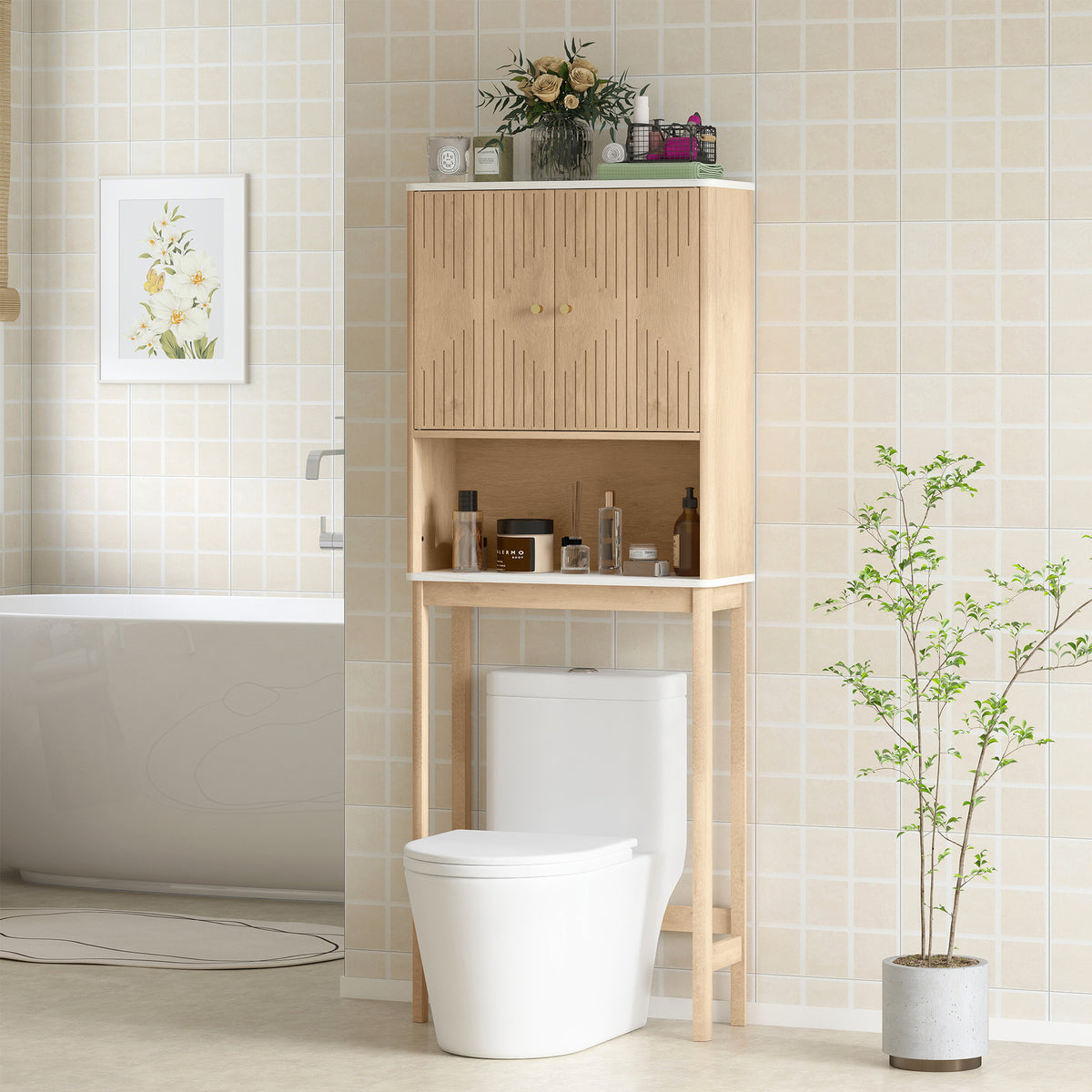 Over The Toilet Storage Cabinet with Adjustable Shelf, Open Shelf and Adjustable Bottom Bar, Oak