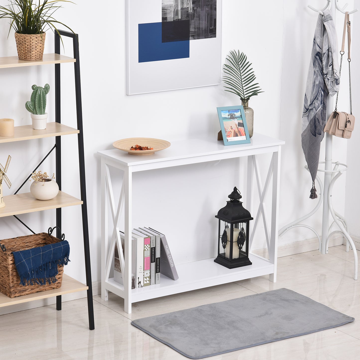 40" Console Table, 2 Tier X-Design Narrow Entryway Table with Storage Shelf for Behind Couch, Living Room, Hallway, Whit
