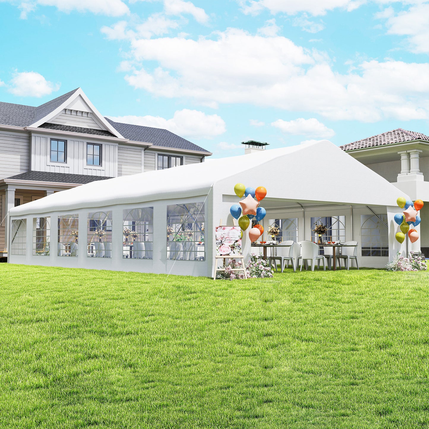 23' x 39' Party Tent, Heavy Duty Outdoor Canopy Tent Shelter with 2 Doors and 12 Windows for Parties, Events, White