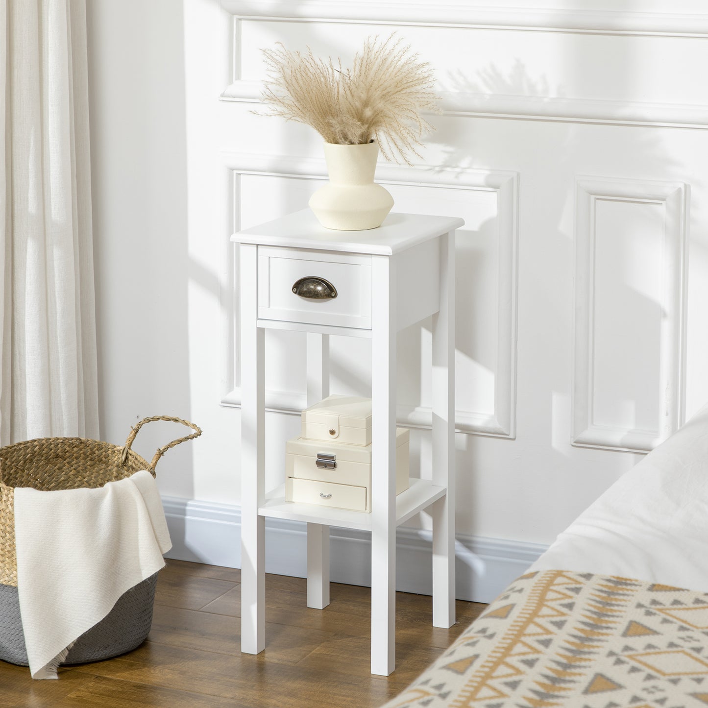 2 Tier Side Table, Set of 2, Narrow Tall End Table with Drawer and Shelf, Slim Wooden Nightstand for Living Room, Bedroo