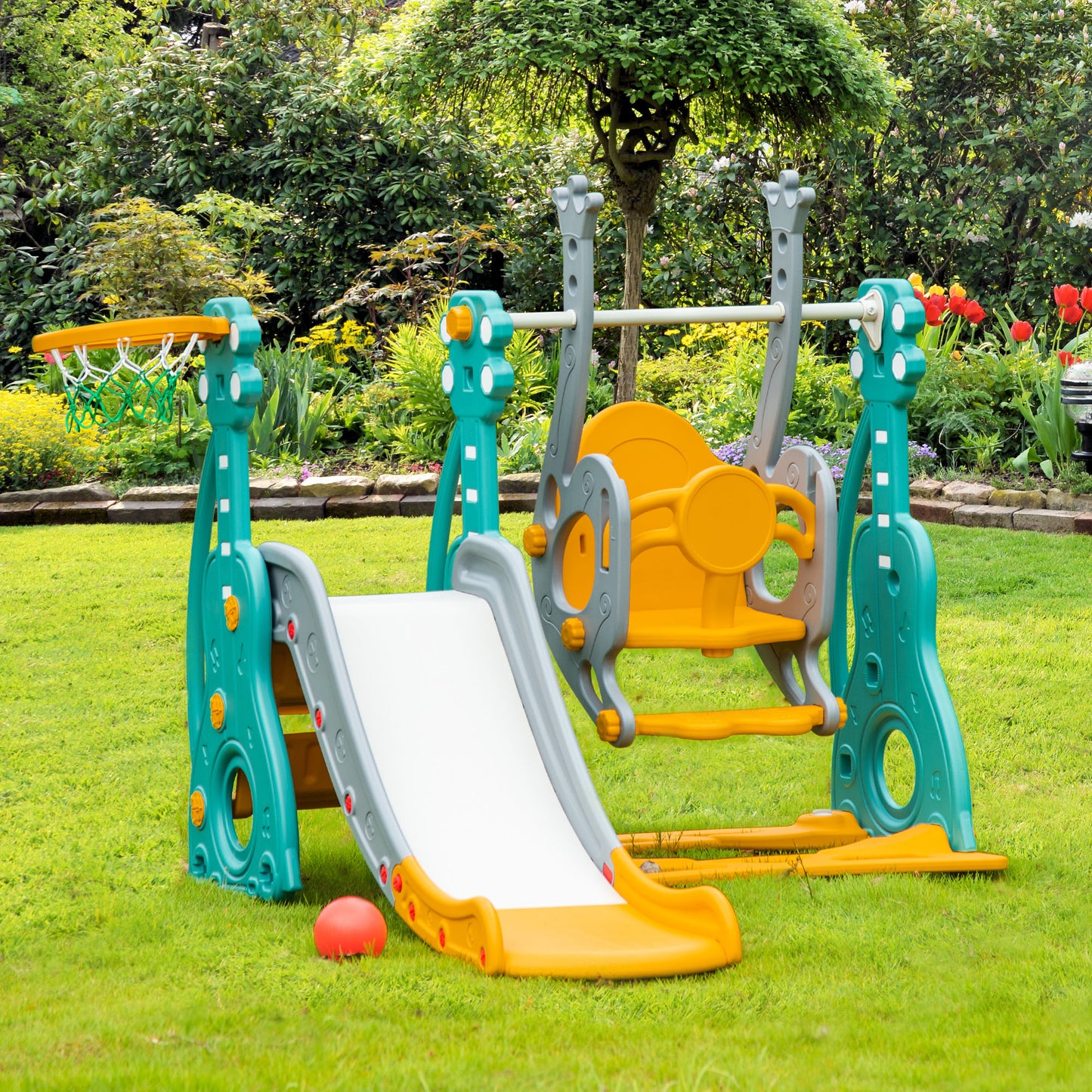 Qaba 4-in-1 Toddler Slide and Swing Set with Basketball Hoop and Adjustable Seat Height, Kids Play Climber Slide Playset