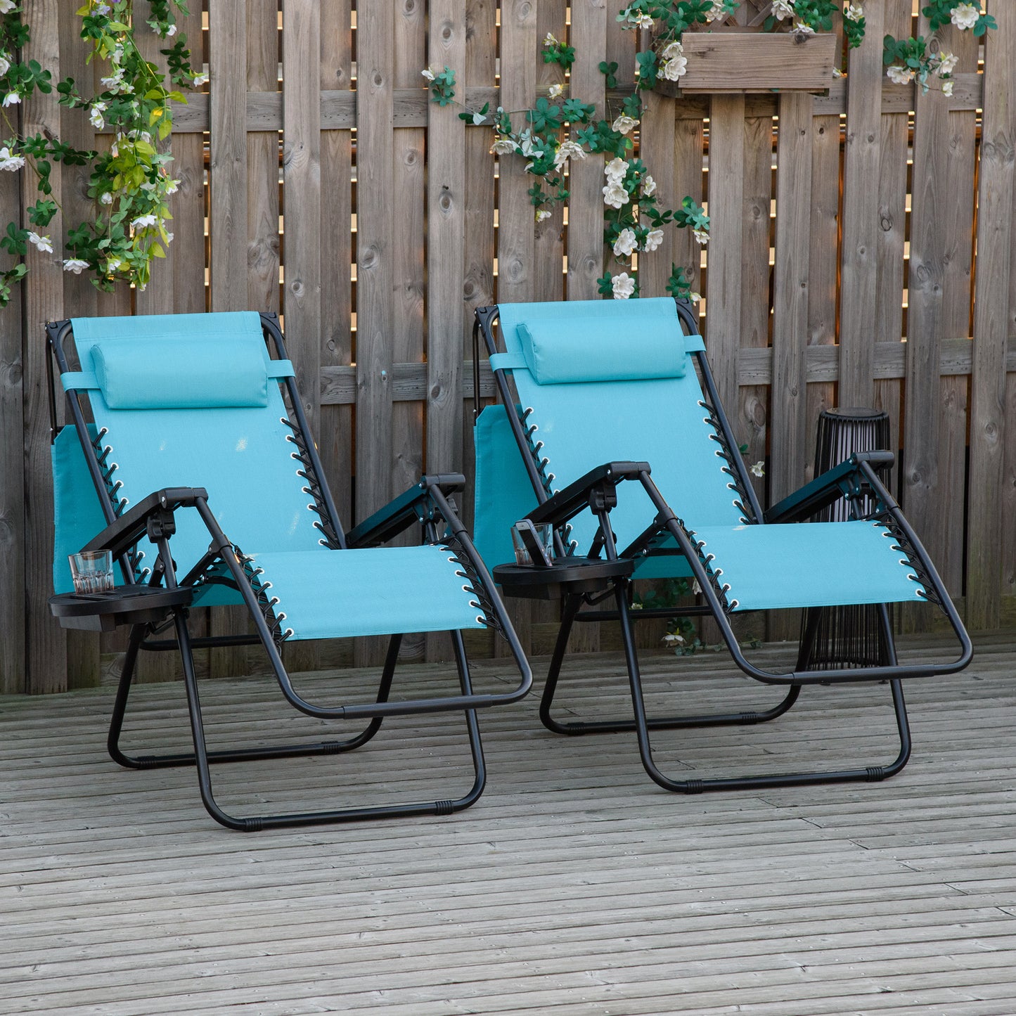 2 Piece Foldable Lounge Chair with Canopy Shade, Outdoor Zero Gravity Chair w/ Side Tray & Cup Holder, Reclining Lounger