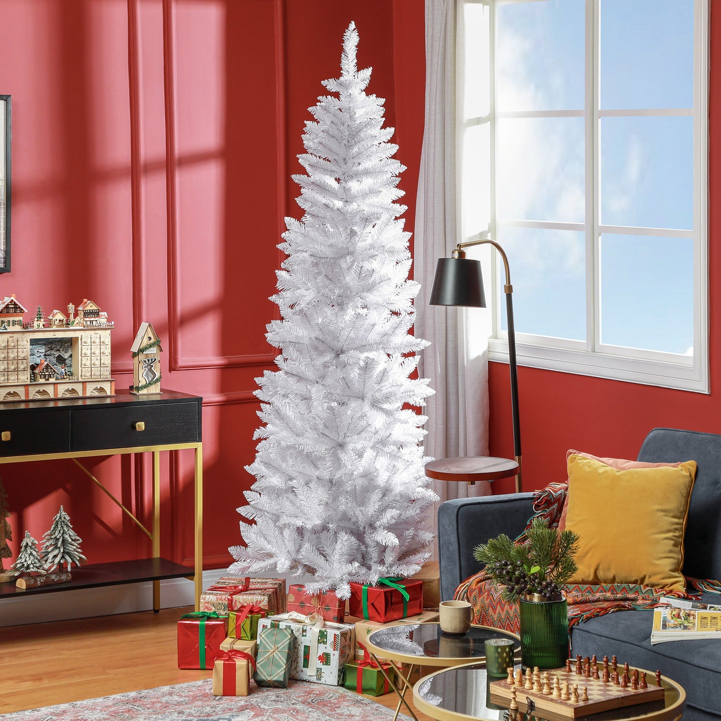 7ft Tall Pencil Artificial Christmas Tree with 687 Branch Tips with Steel Base, White
