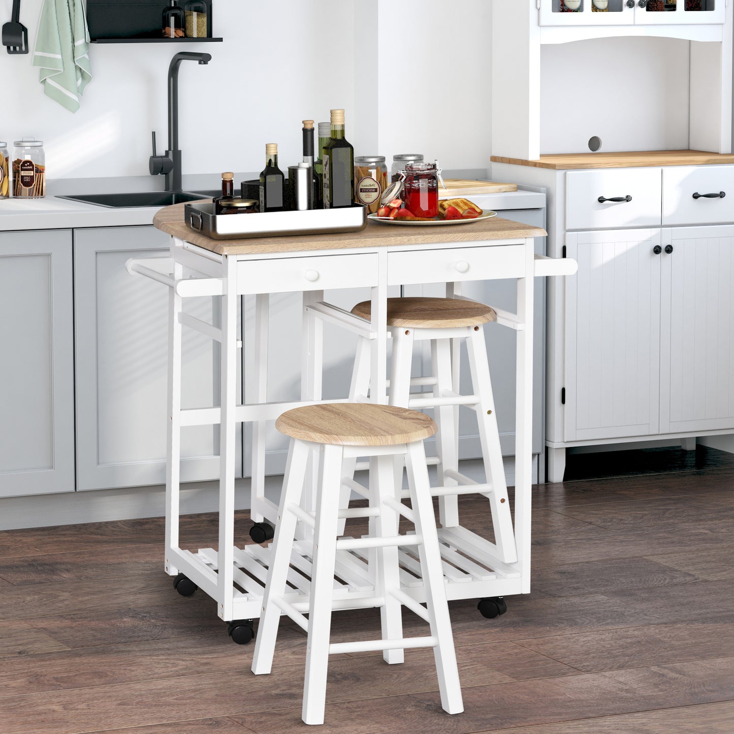 Kitchen Trolley 3 Piece Kitchen Cart Set Drop Leaf Breakfast Table and 2 Stools w/ Rolling Wheels & Towel Bars, Wood & W