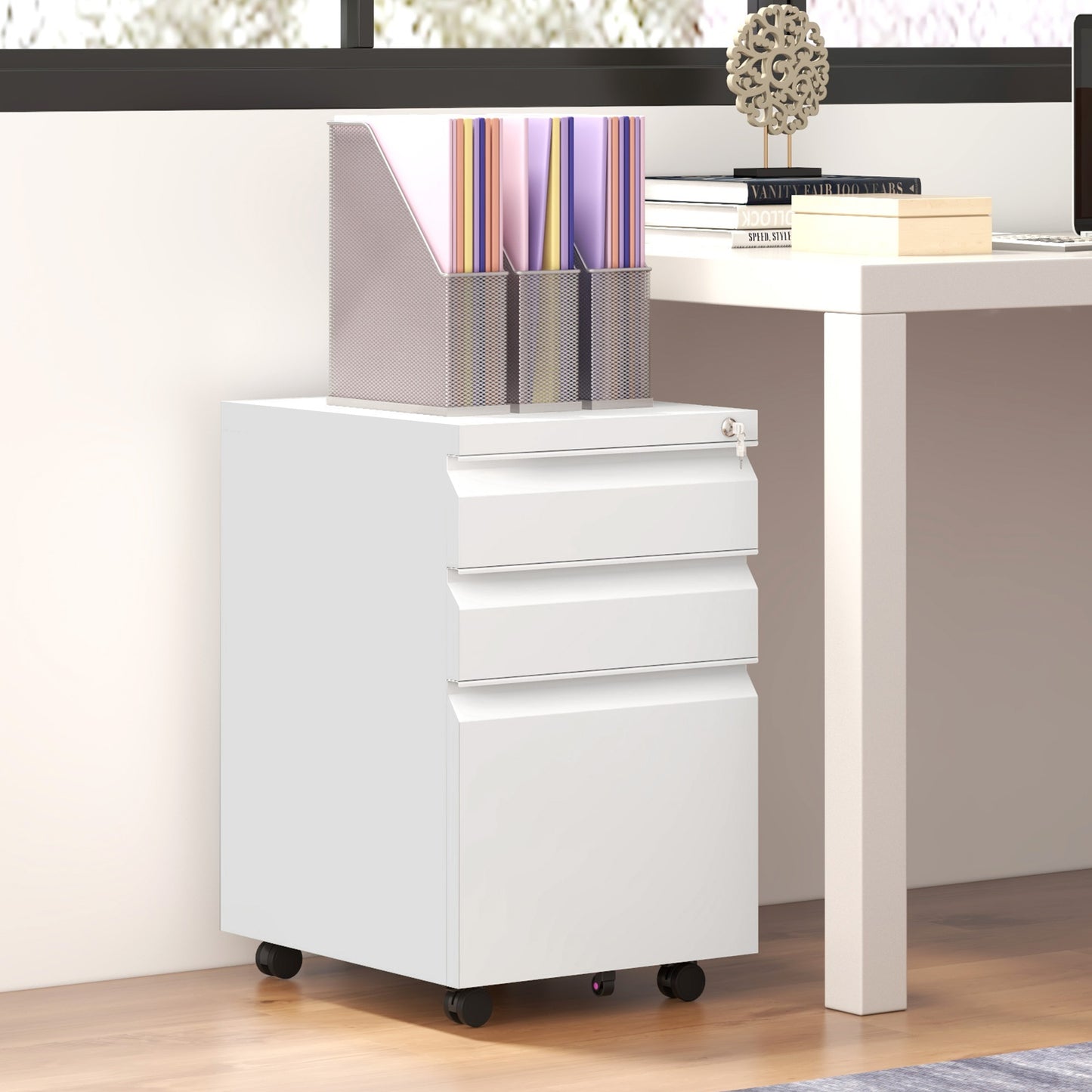 3 Drawer File Cabinet with Lock, Steel Vertical Filing Cabinet with 5 Wheels and Hanging Bar for A4/Legal/Letter, Home O