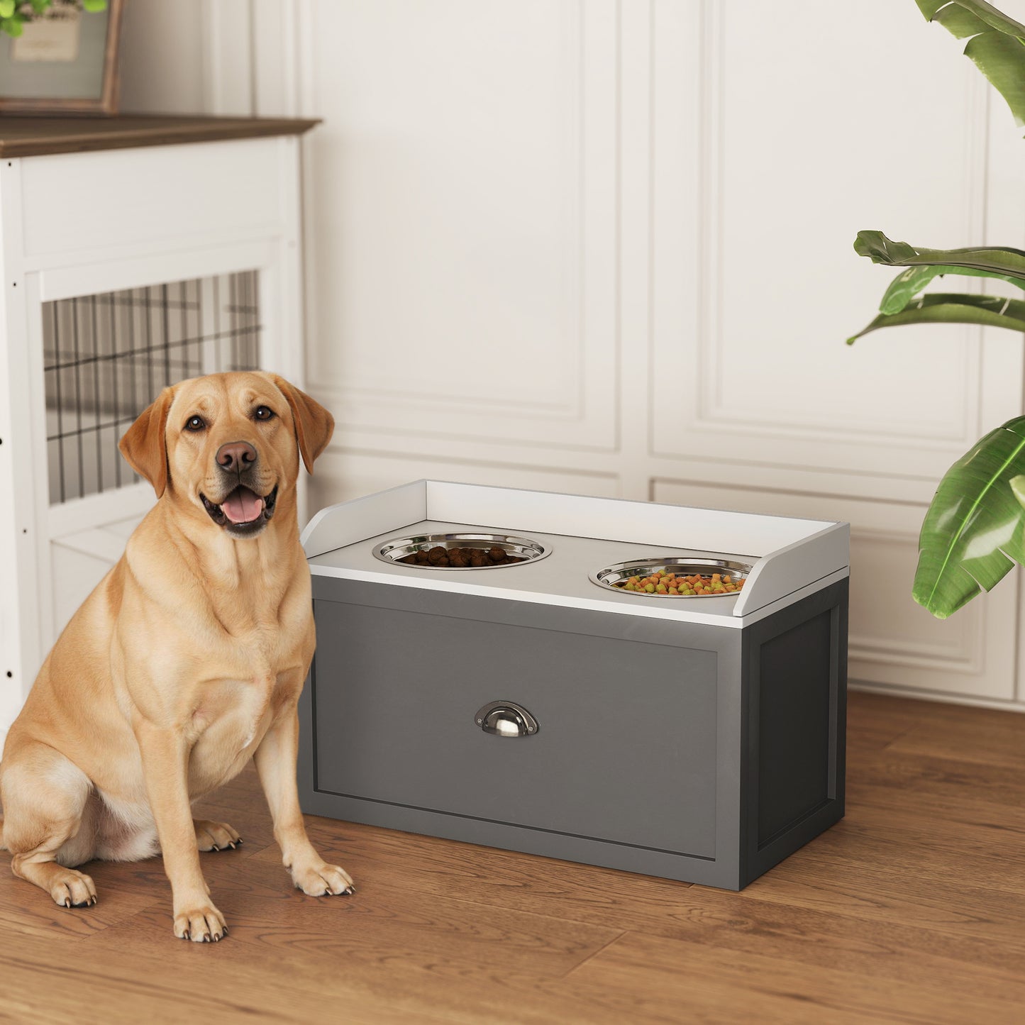 Elevated Dog Bowls Raised Pet Feeding Station with Storage 2 Stainless Steel Bowls, 23.6"x11.8" x14.2", Grey