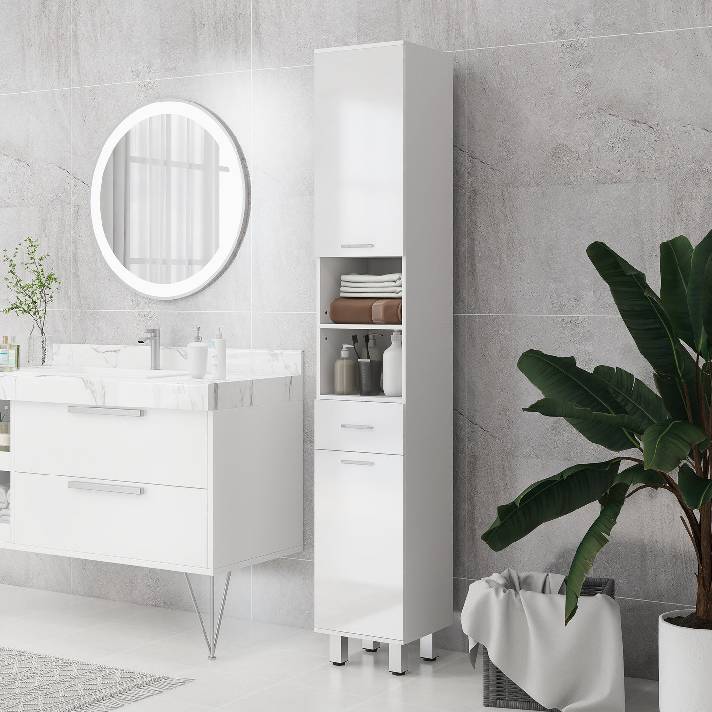 71" Tall Bathroom Storage Cabinet, Narrow Linen Tower with Drawer, Open Shelves, 2 Doors Cabinets and Adjustable Shelves