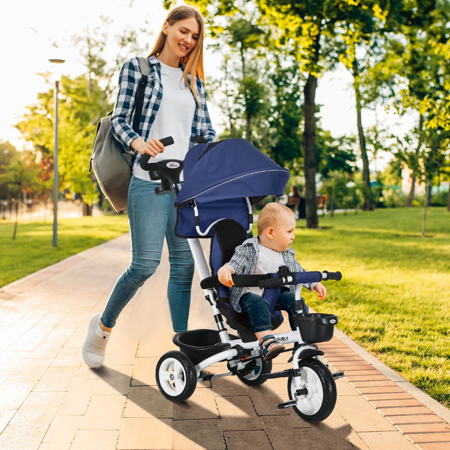 Qaba 6 in 1 Toddler Tricycle with Parent Push Handle, Canopy, Storage Baskets, Cupholder, Dark Blue