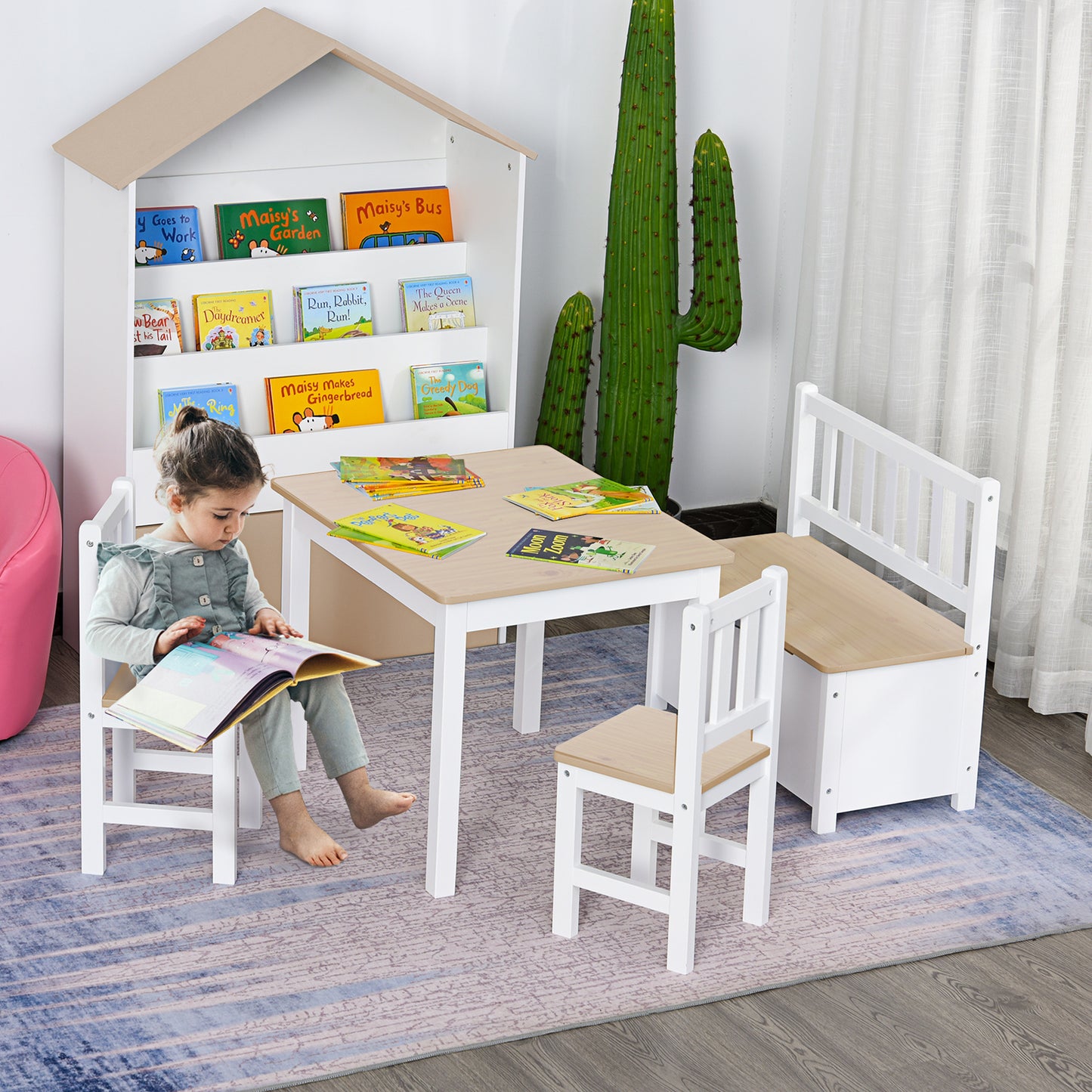 Qaba 4-Piece Set Kids Wood Table Chair Bench with Storage Function Easy to Clean Gift for Girls Boys Toddlers Age 3 Year
