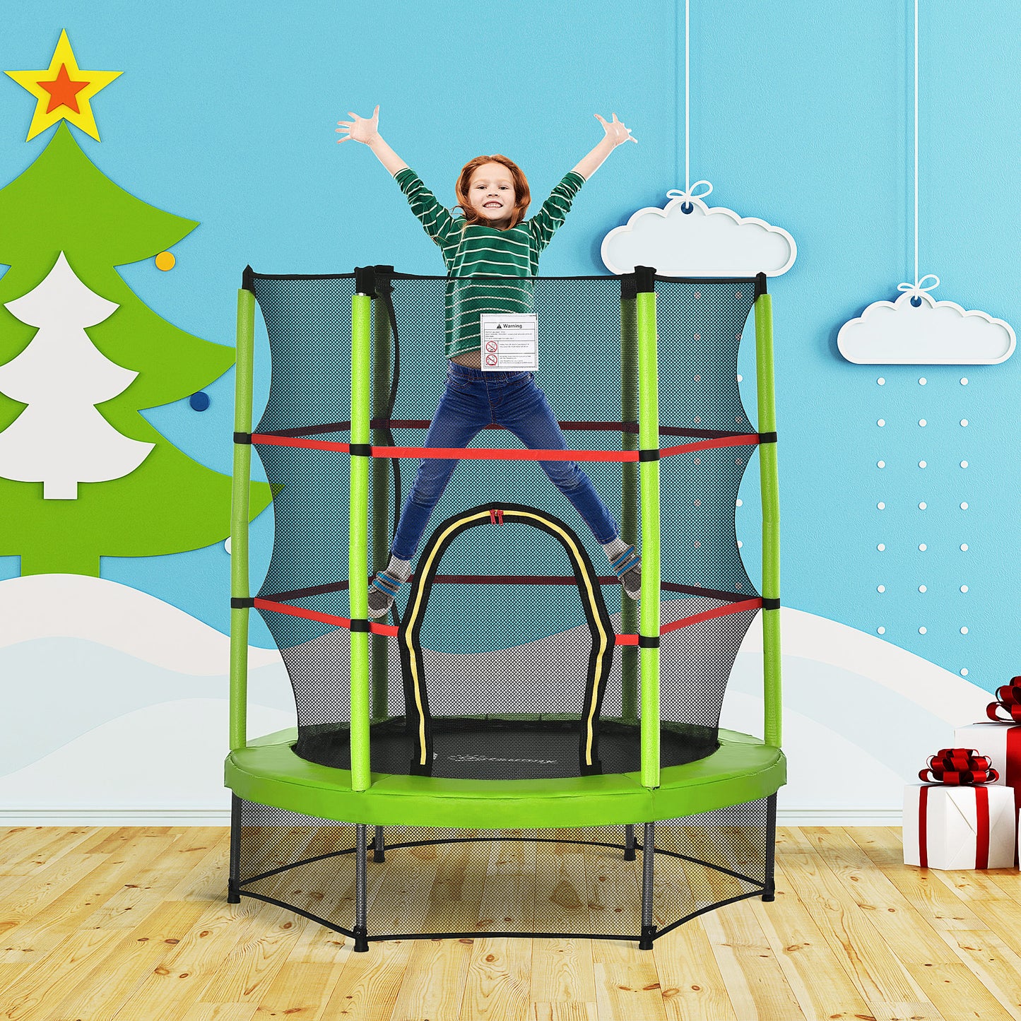 55" Kids Trampoline with Enclosure Net for Indoor/Outdoor, Trampoline for Boys and Girls Age 3-6 Years, Green