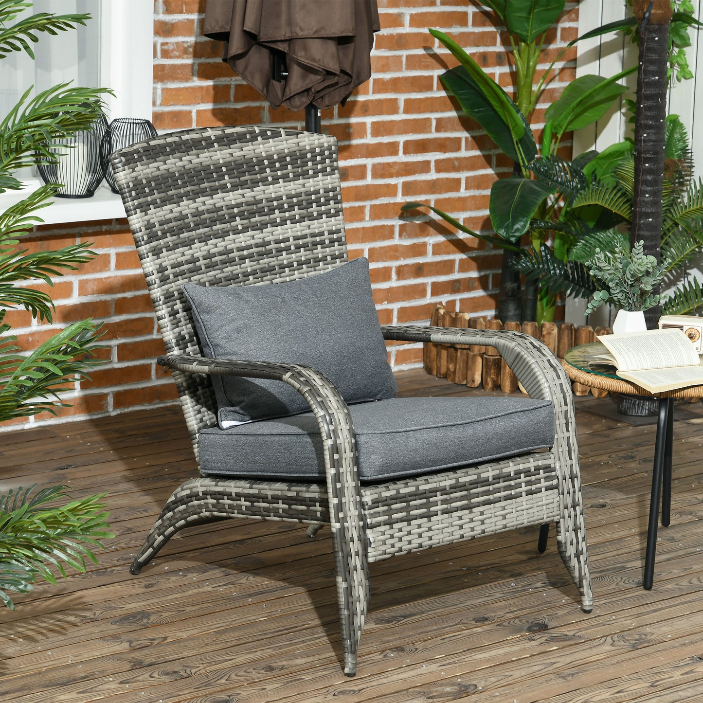 Patio Wicker Adirondack Chair, Outdoor PE Rattan Fire Pit Chair, Muskoka Chair w/ Soft Cushions, Tall Curved Backrest an