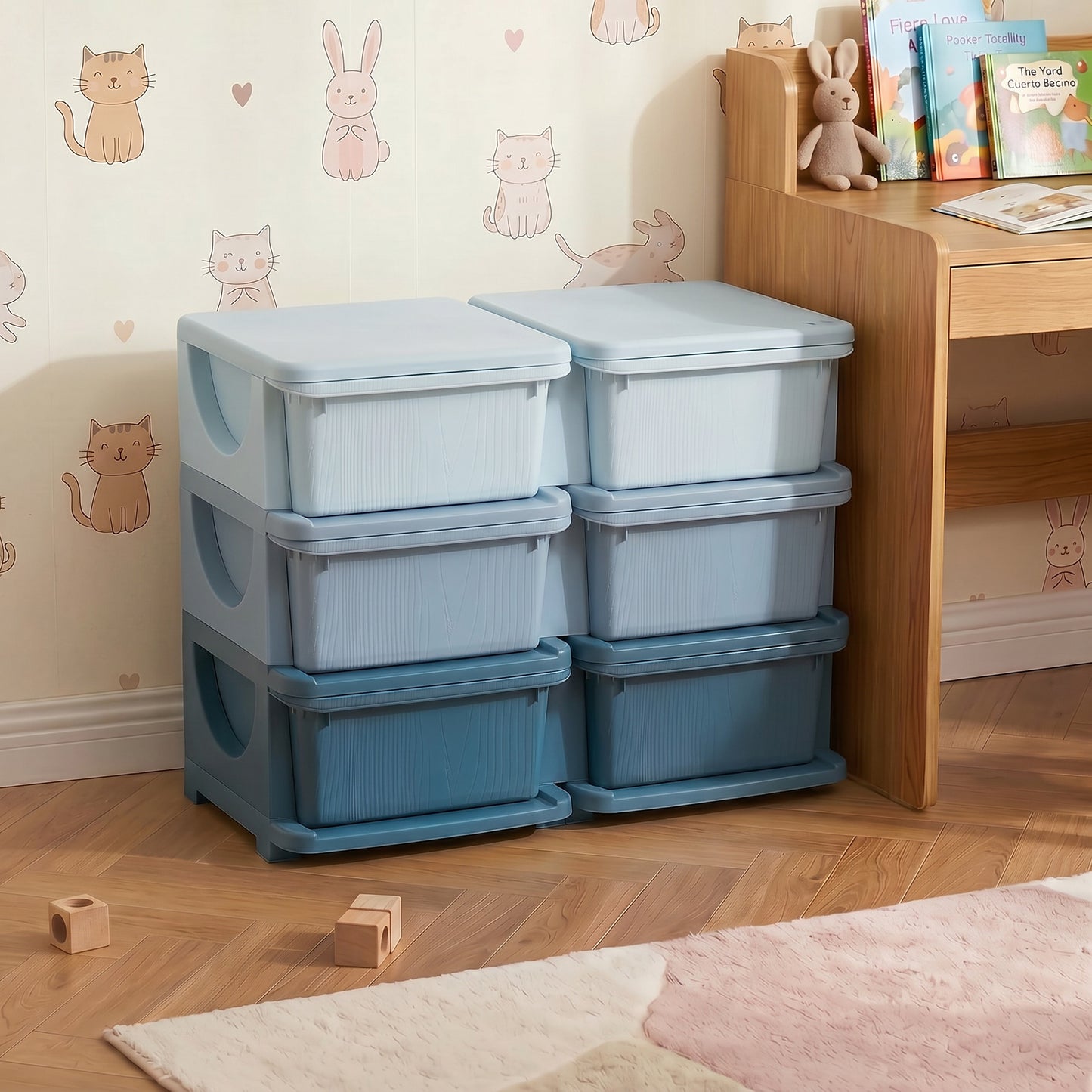 Qaba 3 Tier Kids Toy Organizer and Storage Bins with 6 Plastic Drawers, Blue