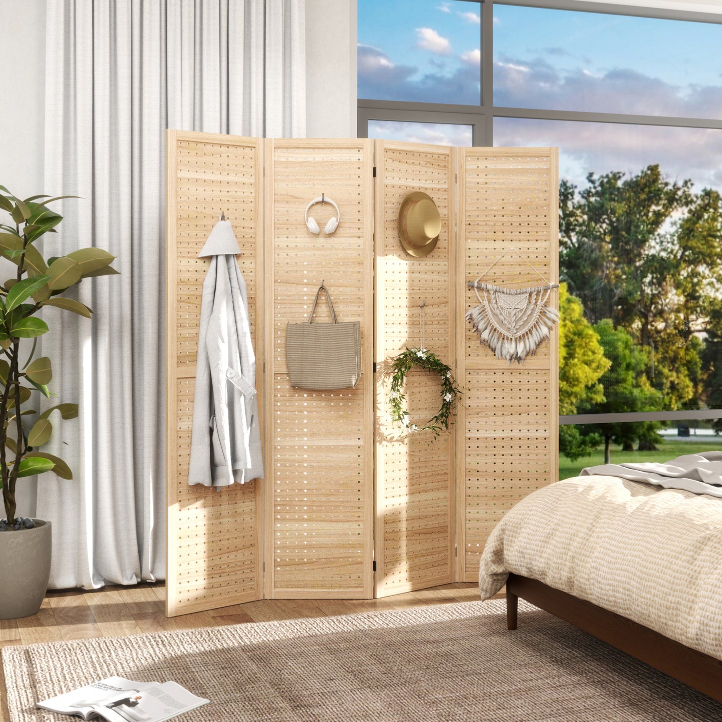 5.6 Ft. Tall 4-Panel Room Divider, Pegboard Panel Freestanding Folding Privacy Screen Panels, Partition Wall Divider for
