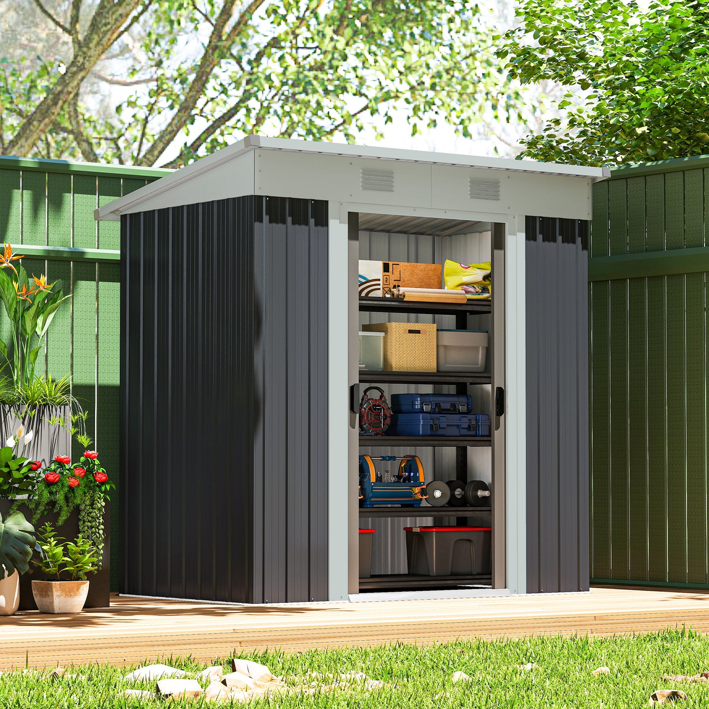 6' x 4' Outdoor Storage Shed, Metal Garden Tool Storage House Organizer with Lockable Sliding Doors and Vents for Backya