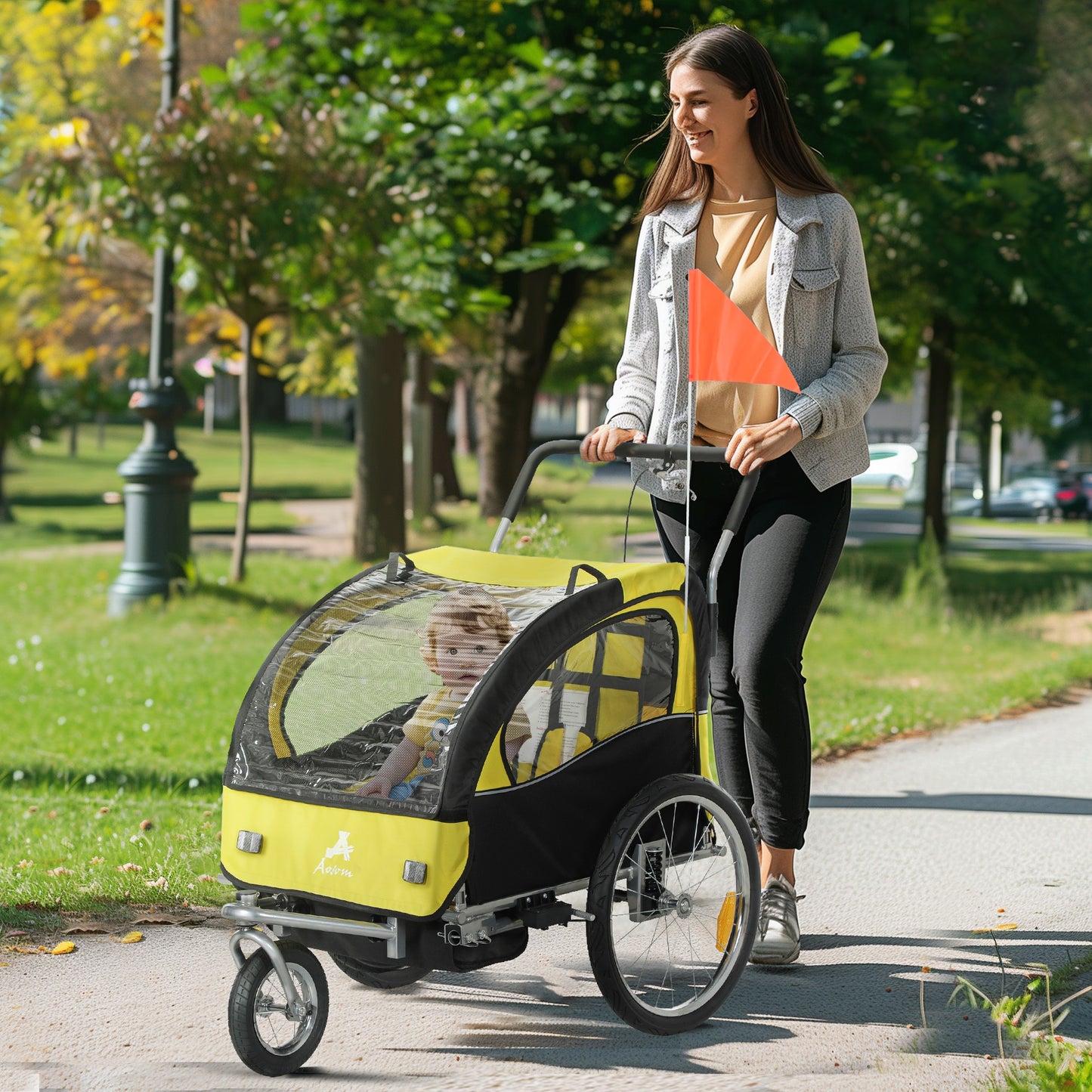 VarietyKart 2-in-1 Bike Trailer for Kids, Foldable 2-Seat Baby Stroller with 5-Point Harness, Rubber Wheels, Storage Bag