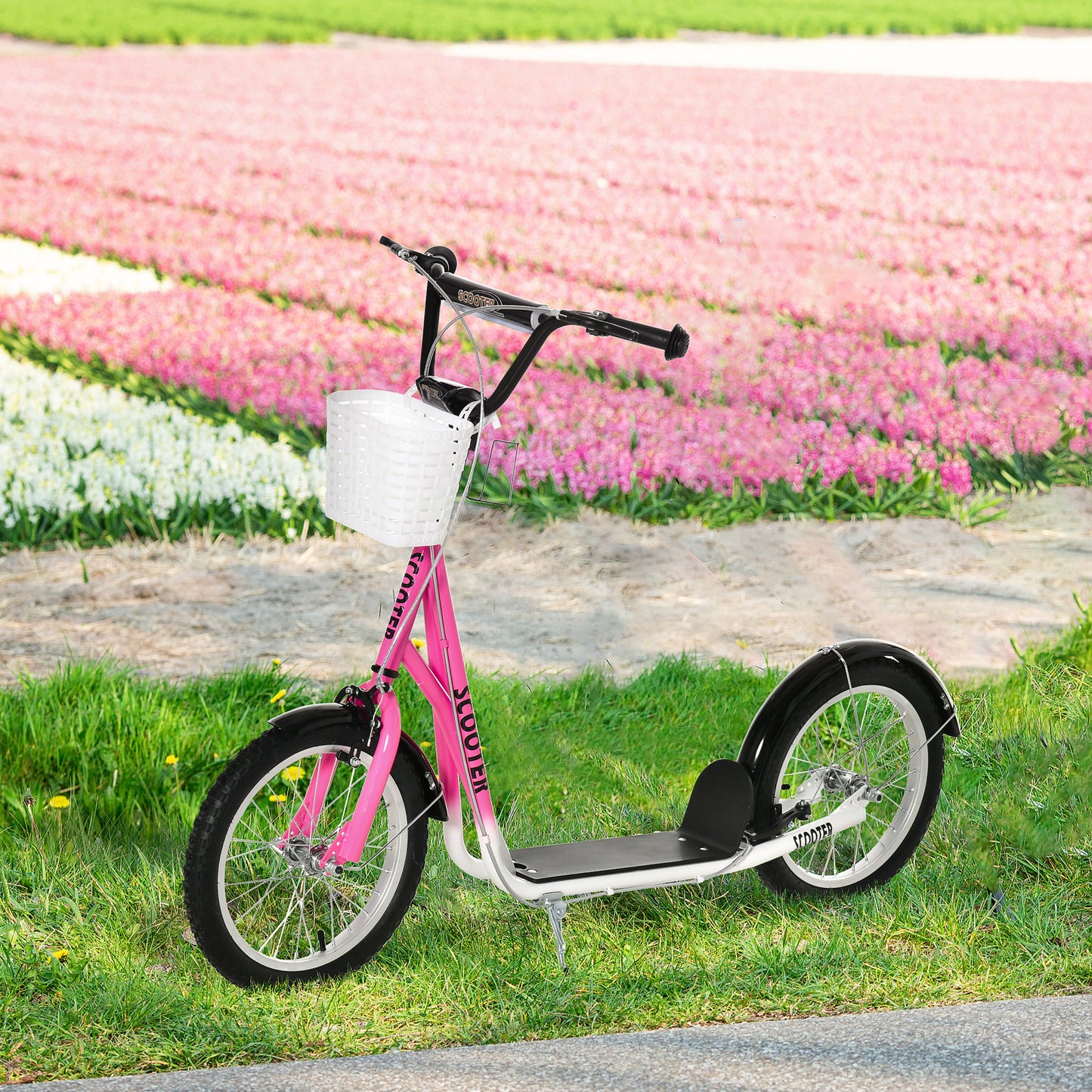 VarietyKart Kick Scooter with Adjustable Handlebar, Kids Scooter with 2 Brakes Basket Cupholder 16" Inflatable Rubber Ty