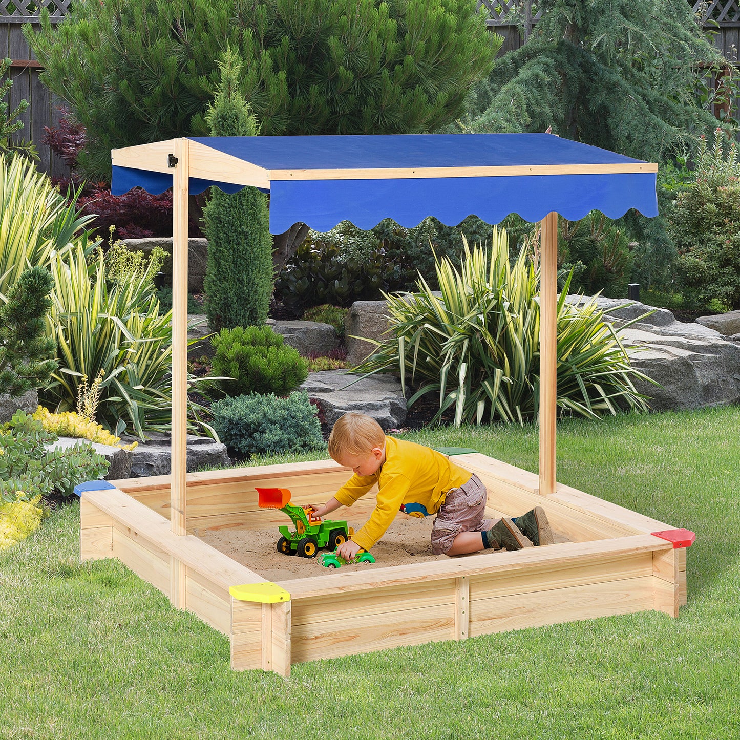 Kids Wooden Sandbox with Cover, Play Sand Station for Children Outdoor Sand box, with Seats, for Backyard, Beach, 47" x