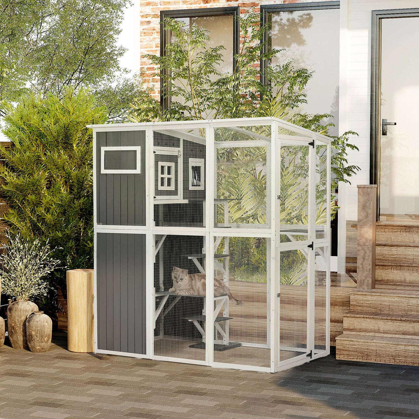 Wooden Cat Catio, 66.5"L Walk in Outdoor Cat House with PVC Weather Protection Roof, Multiple Platforms, Lockable Doors,