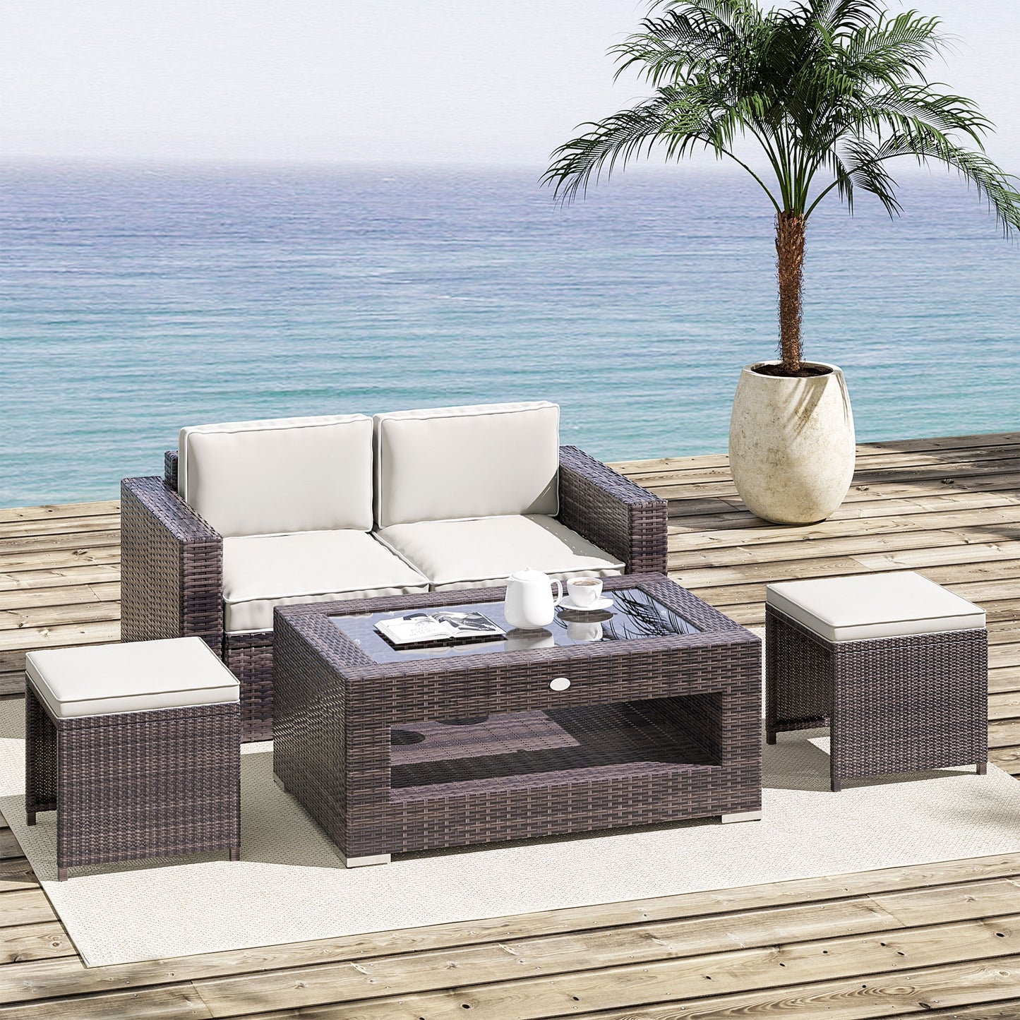 2-Tier Rattan Patio Coffee Table Wicker Patio Tea End Desk with Tempered Glass Top & Storage for Balcony, Backyard, Pool