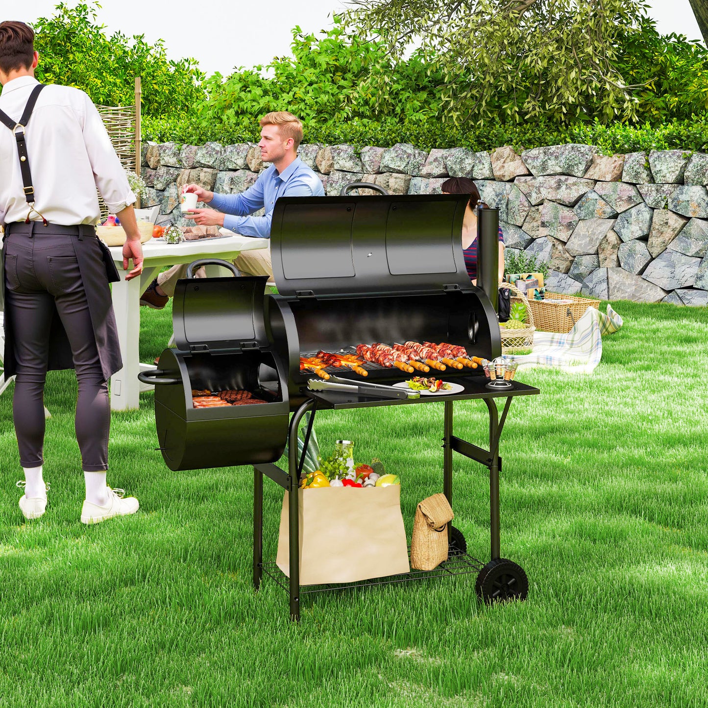 Portable Outdoor Charcoal BBQ Grill with Offset Smoker, Barbecue Grill with Spacious Cooking Area, 2 Shelves, Thermomete