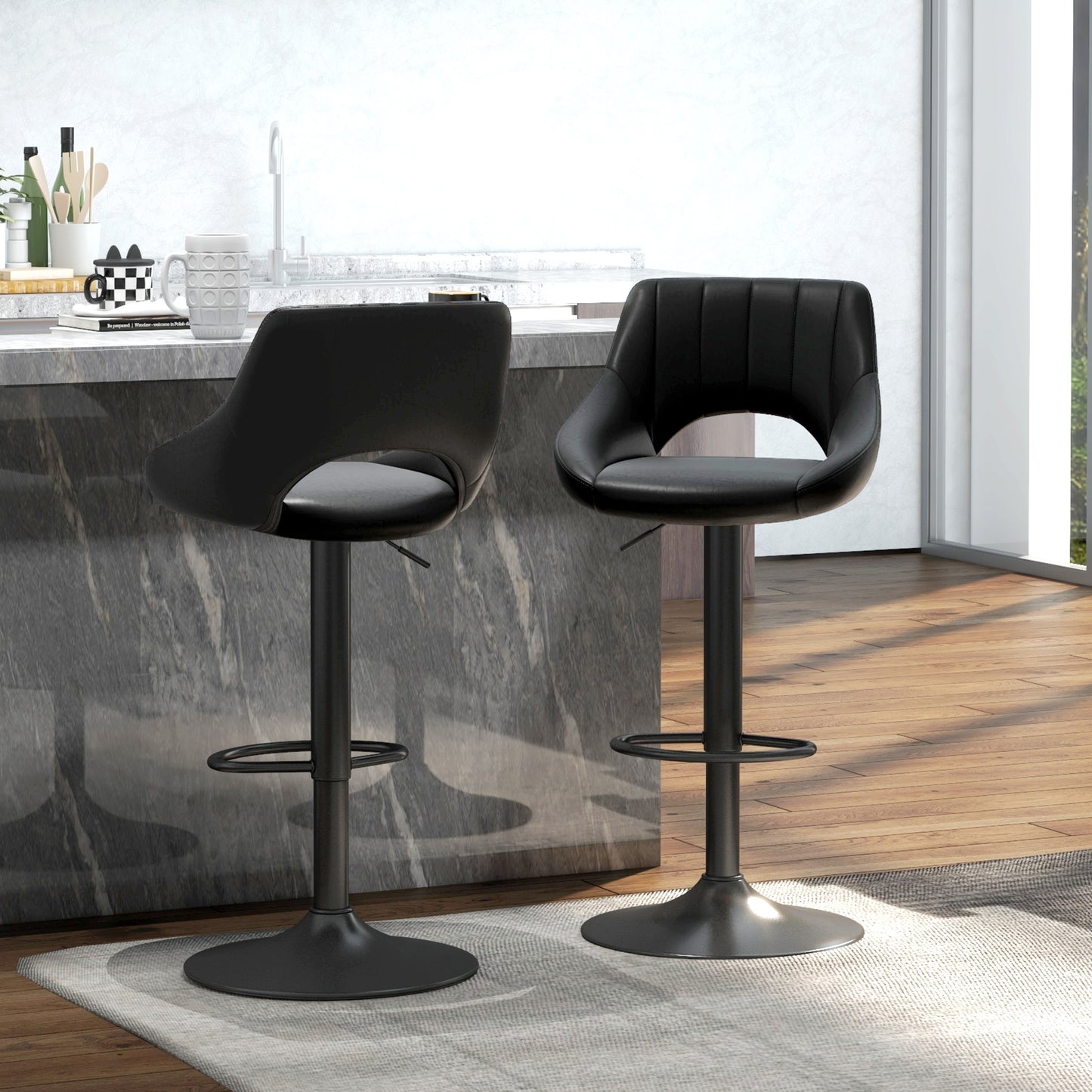 Swivel Bar Stools Set of 2 with Footrest, Faux Leather Upholstered Counter Height Barstools with Round Metal Base