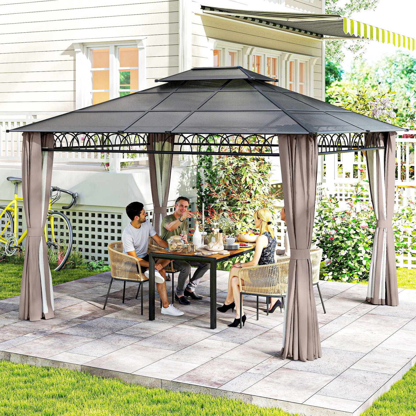 10' x 12' Outdoor Gazebo Canopy, Double Roof Hardtop Gazebo with Polycarbonate Roof, Steel Frame, Nettings and Curtains,